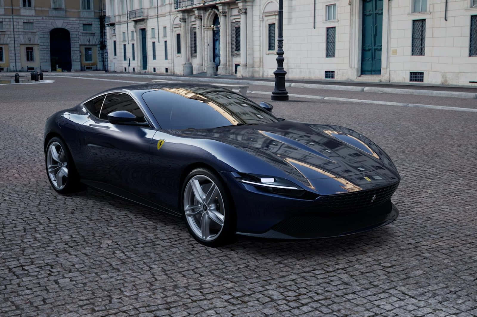 Ferrari Roma, dark blue, cobblestone street, HD Desktop Wallpaper