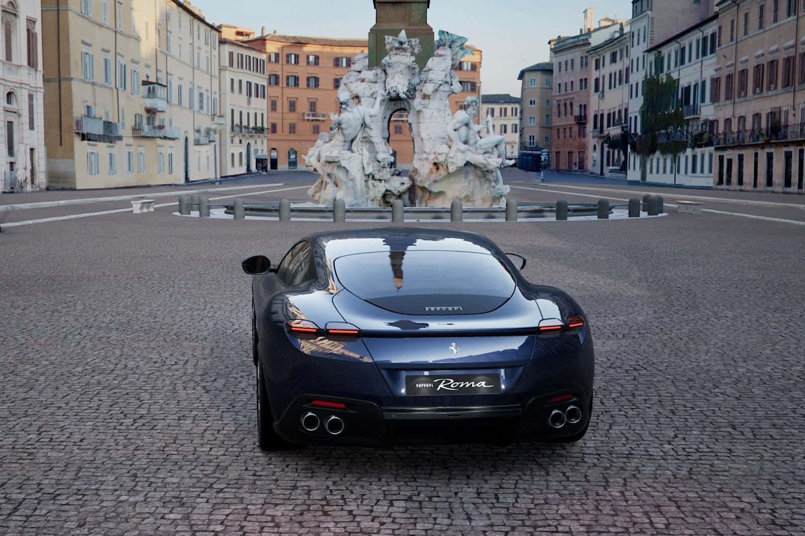 Ferrari Roma, dark blue, cobblestone square, HD Desktop Wallpaper