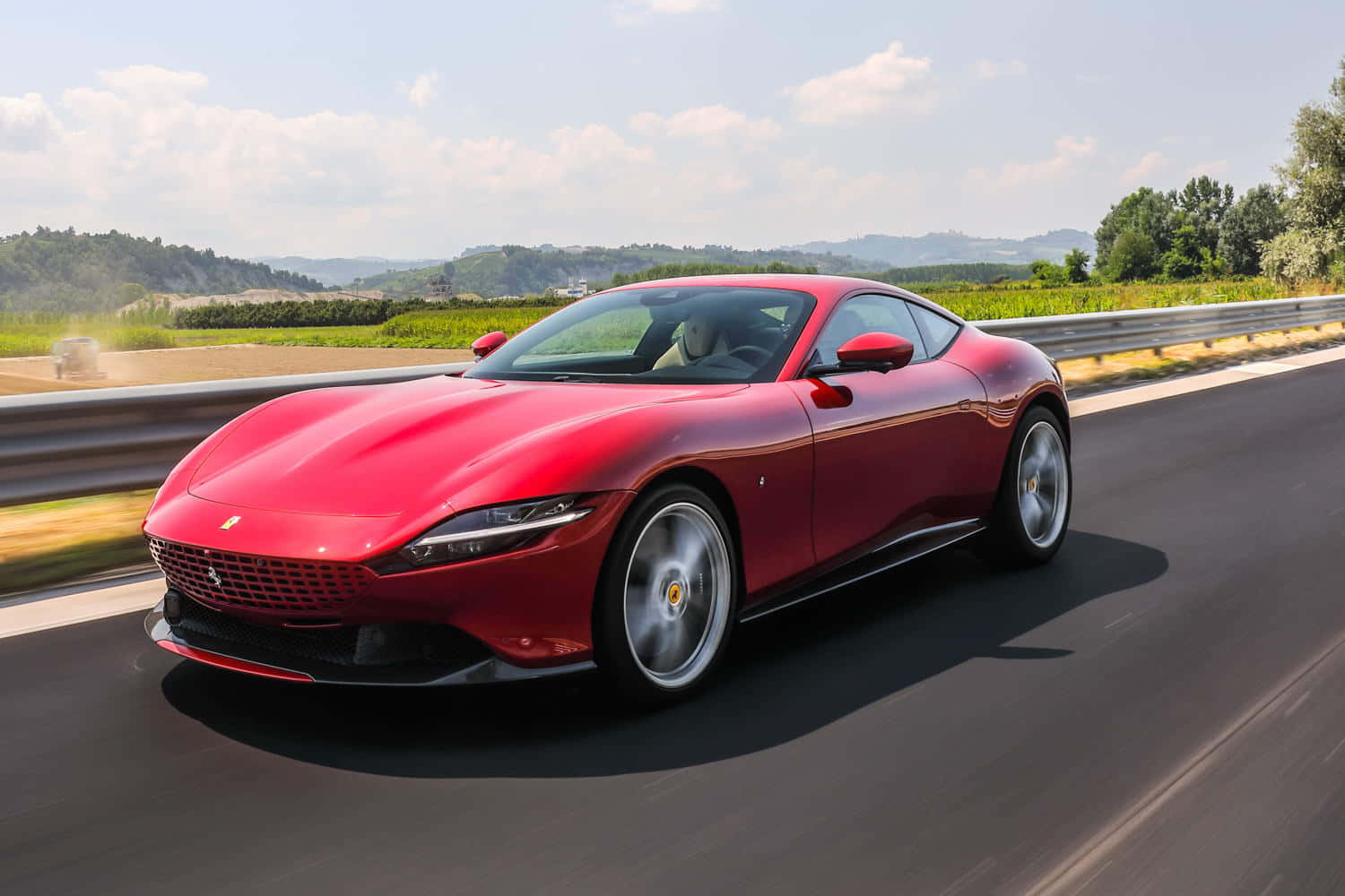Ferrari Roma, vibrant red, sunlit highway, HD Desktop Wallpaper