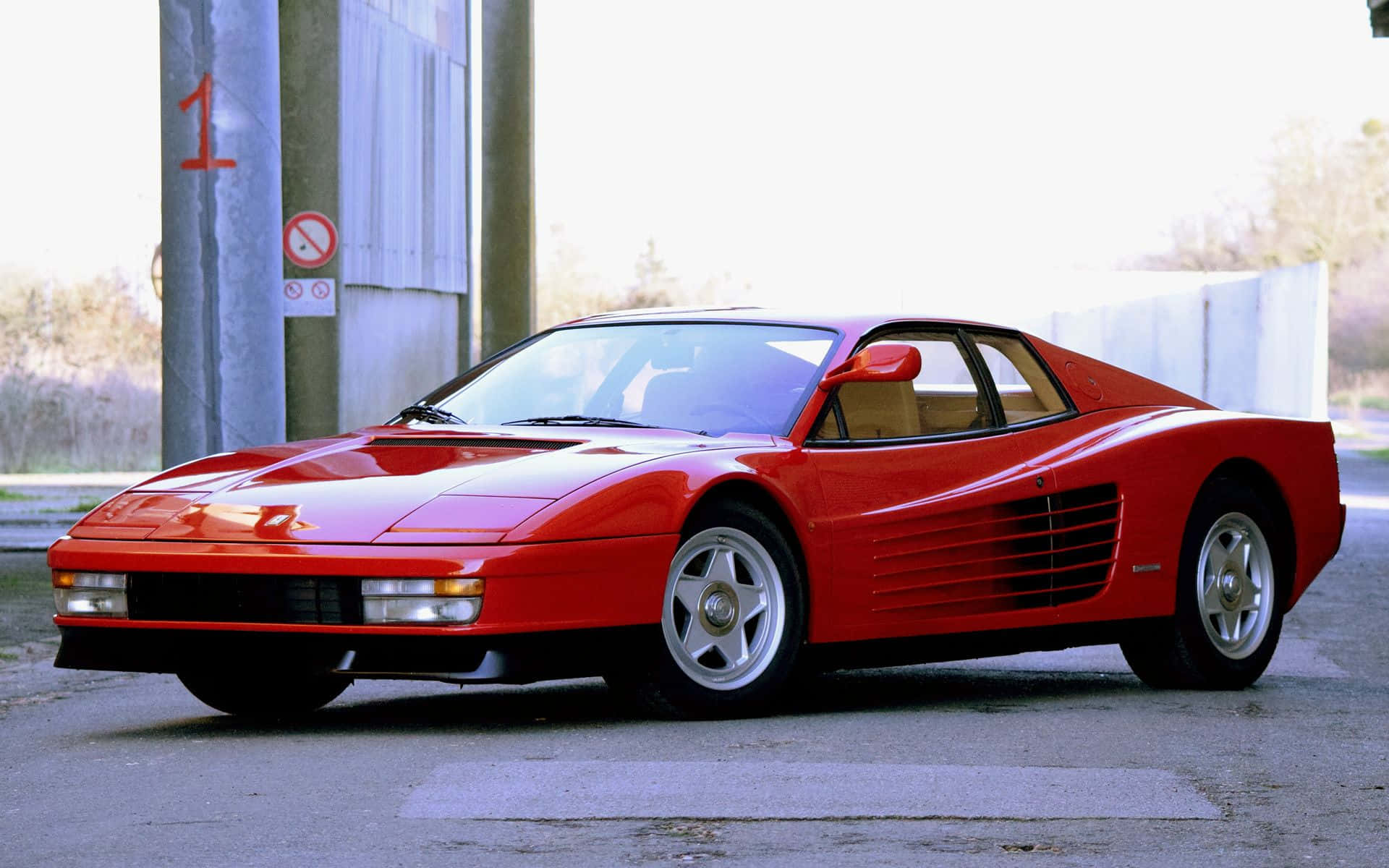 Ferrari Testarossa, vibrant red, gas station, Full HD Desktop Wallpaper
