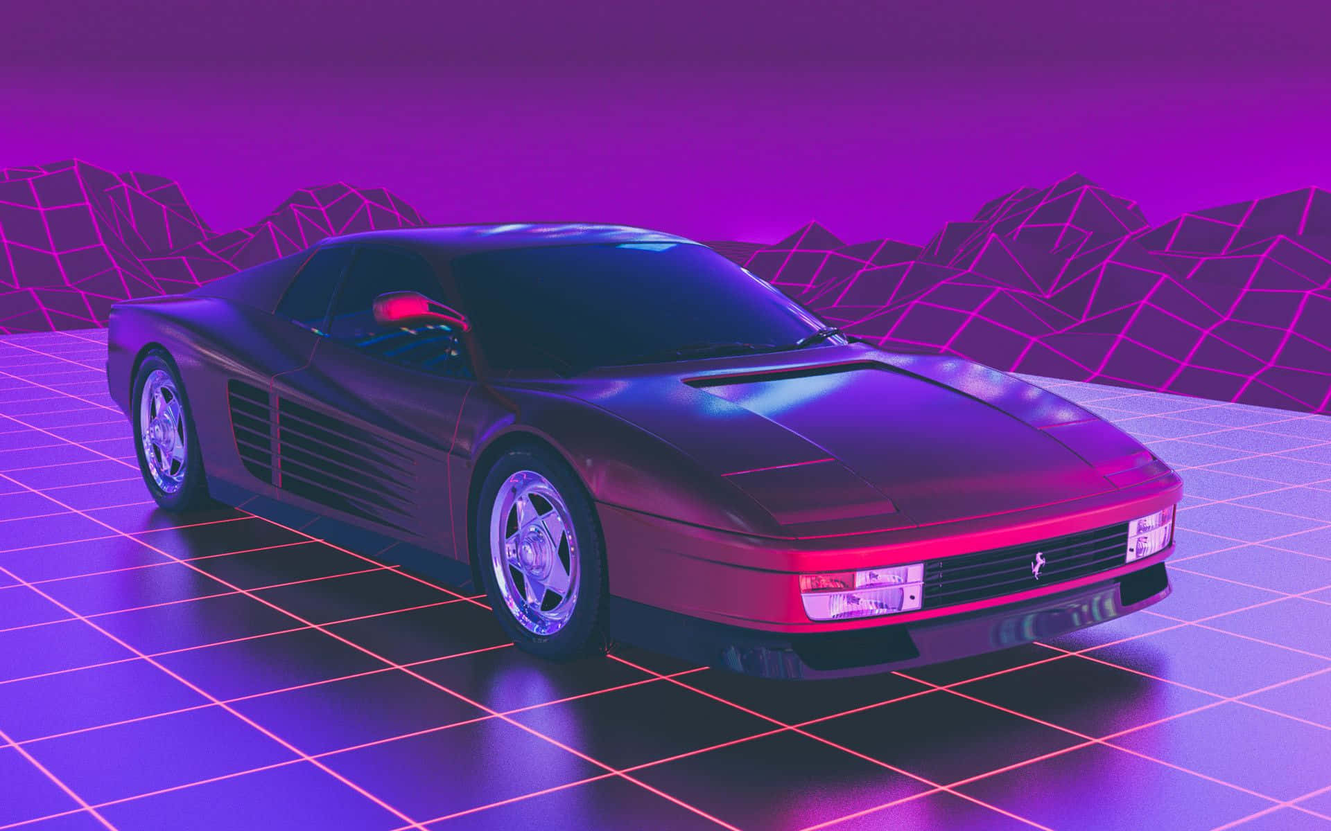 Ferrari Testarossa, neon purple light, grid floor, Full HD Desktop Wallpaper