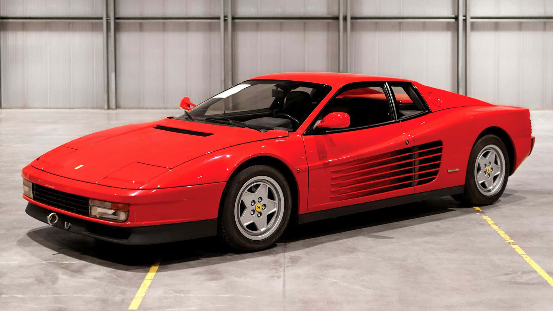 Ferrari Testarossa, glossy red, industrial garage, Full HD Desktop Wallpaper