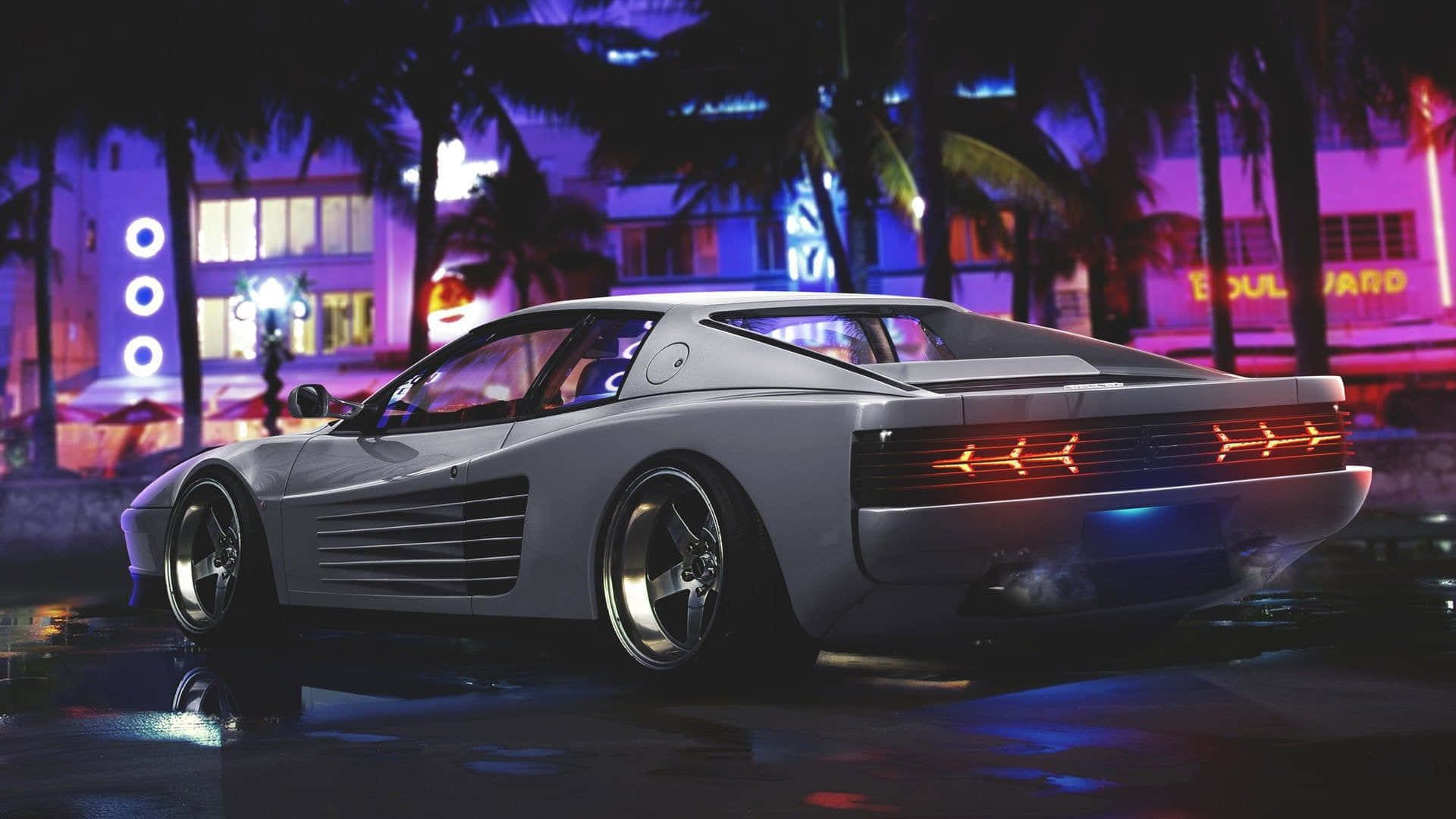 Ferrari Testarossa, silver, neon lights, Full HD Desktop Wallpaper