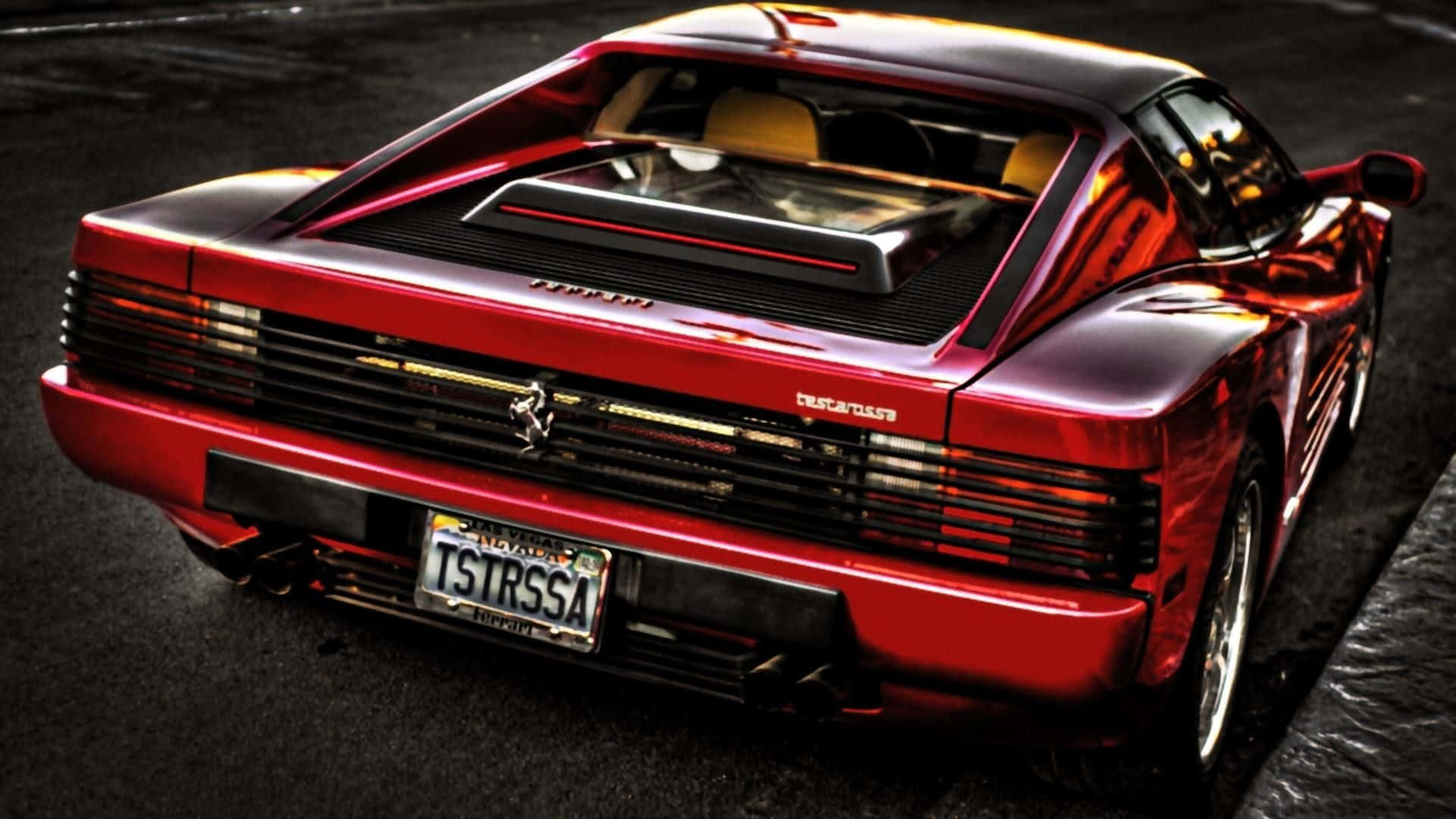 Ferrari Testarossa, glossy red, wet asphalt surface, Full HD Desktop Wallpaper