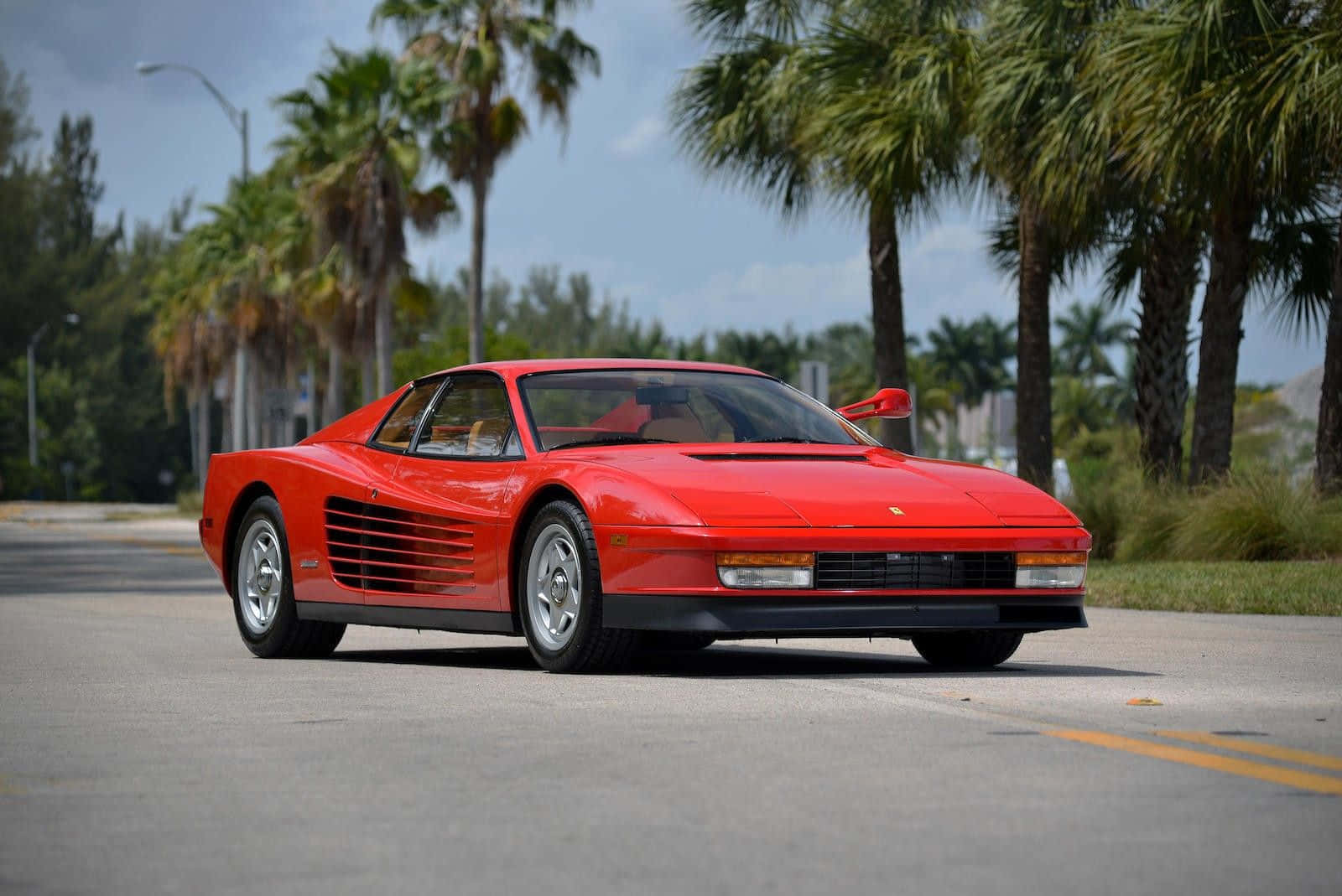 Ferrari Testarossa, vibrant red, palm-lined street, HD Desktop Wallpaper
