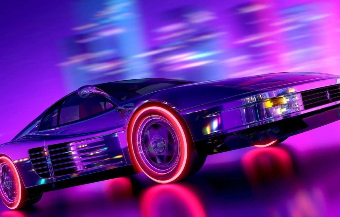 Ferrari Testarossa, neon-drenched cyberpunk cityscape, glowing purple and pink lights, HD Desktop Wallpaper