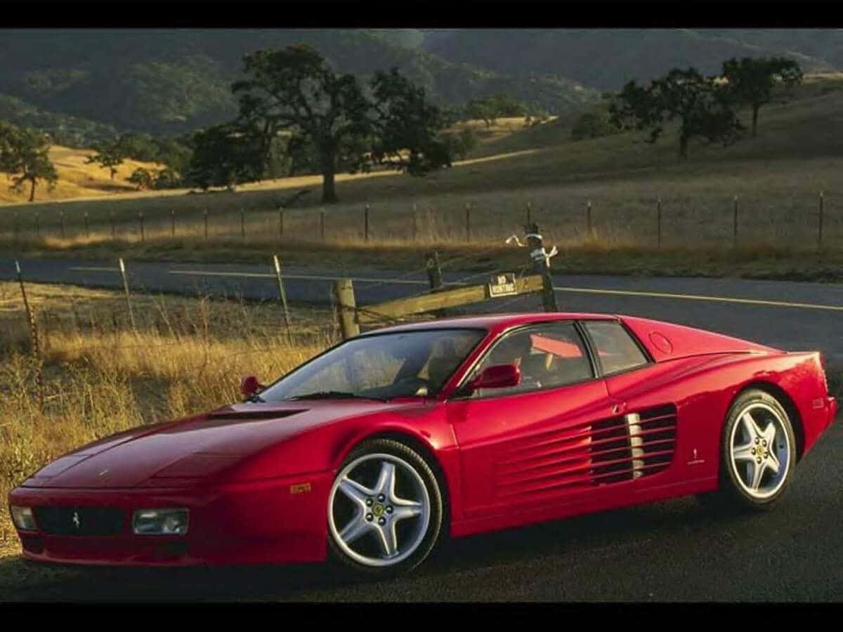 Ferrari Testarossa, vibrant red, rural road, SD Desktop Wallpaper