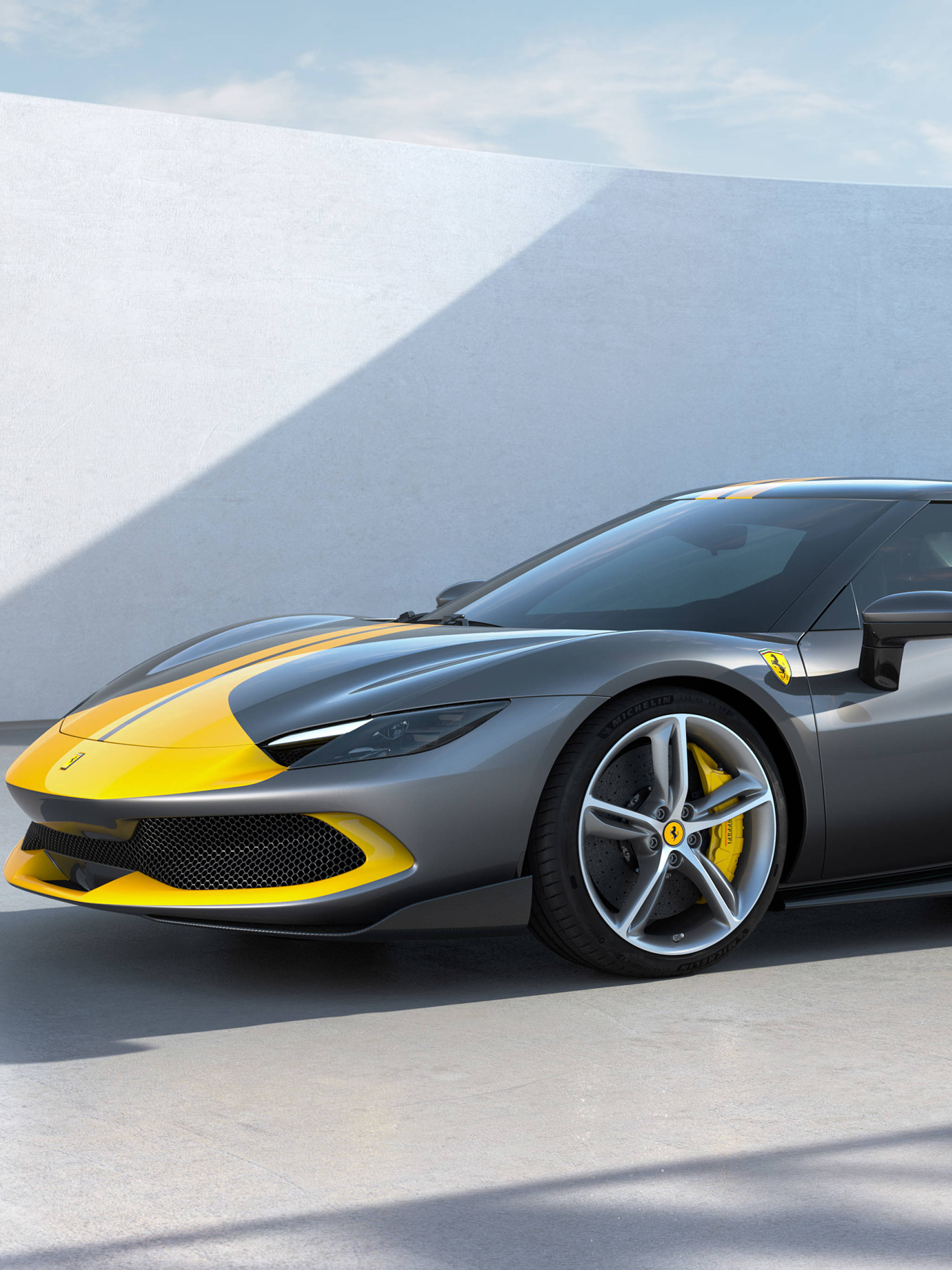 Ferrari, gray Ferrari sports car, bold yellow accents, 2K Phone Wallpaper