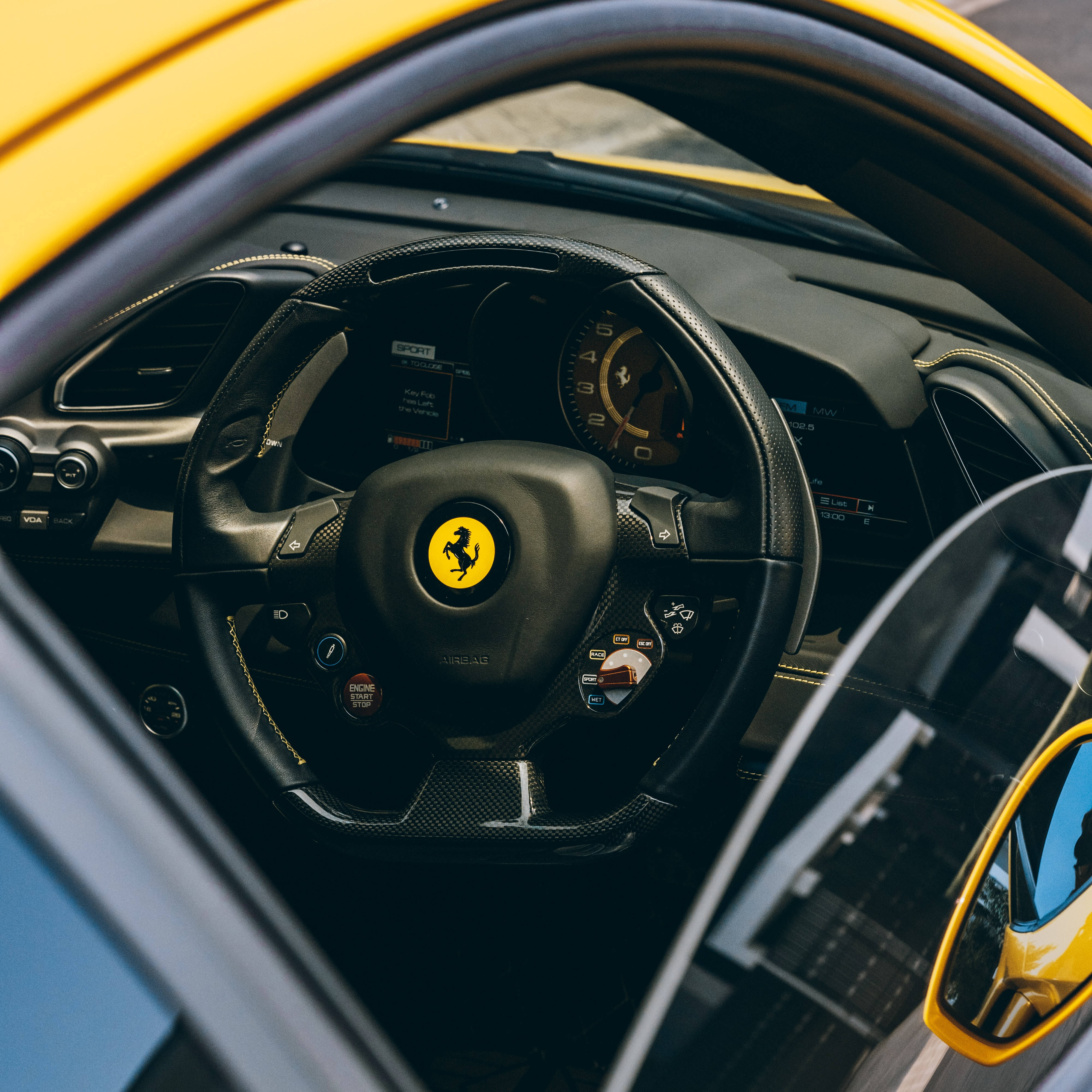 Ferrari, yellow Ferrari, black carbon fiber interior, 4K Desktop Wallpaper