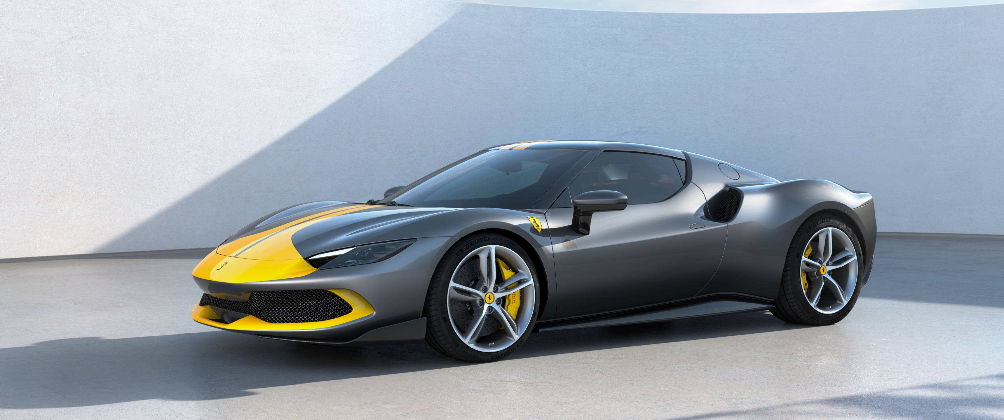 Ferrari, matte gray, yellow accents, 2K Desktop Wallpaper