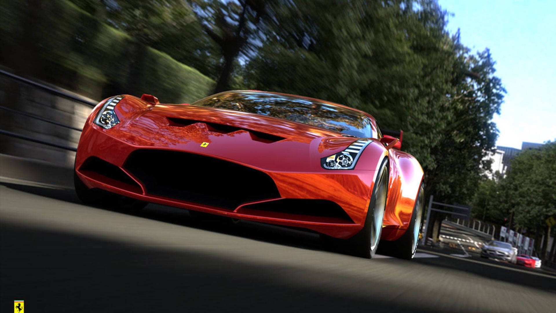 Red Ferrari, sports car, tree-lined urban road, Full HD Desktop Wallpaper