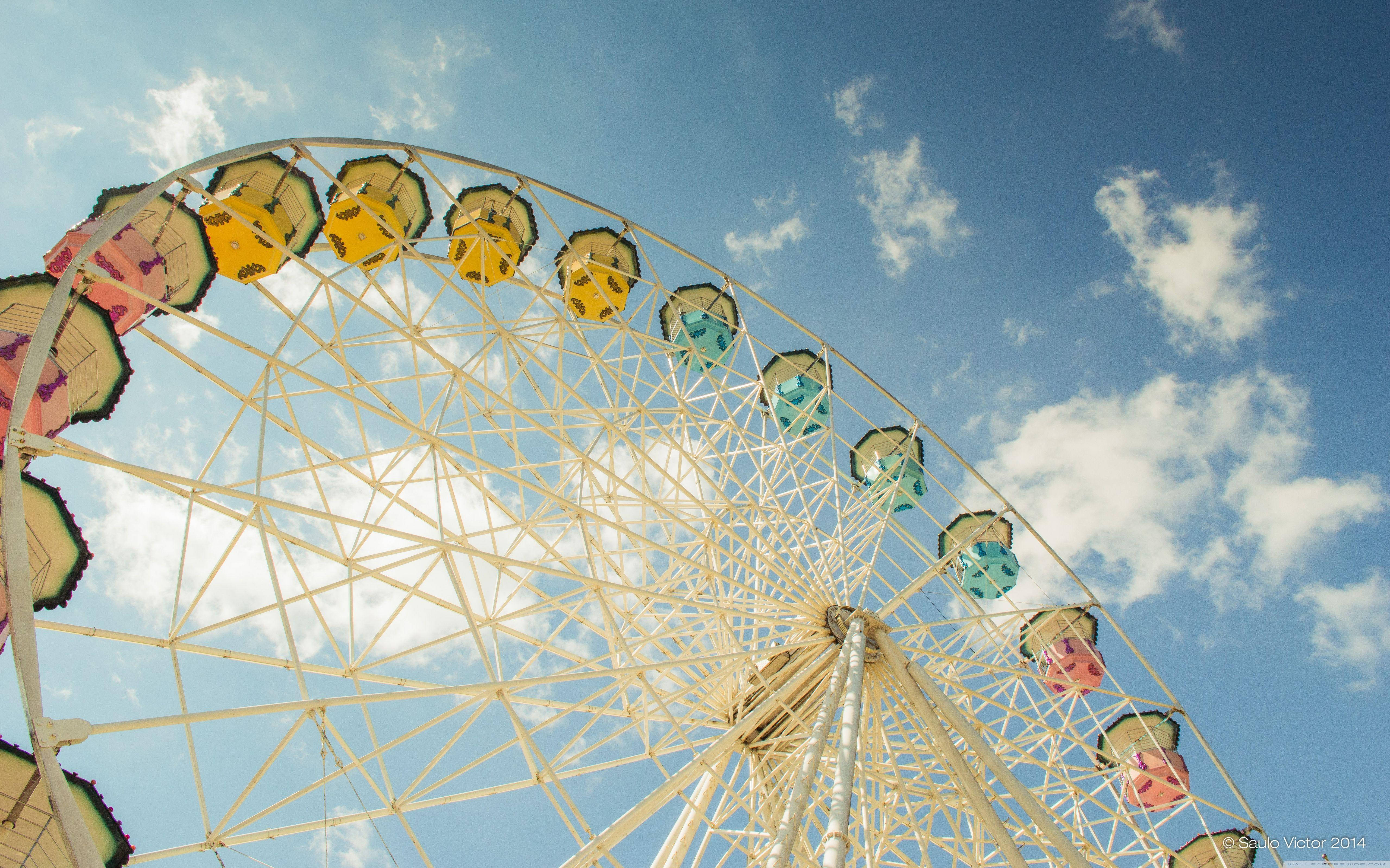 Ferris Wheel, colorful, bright blue sky, 5K Desktop Wallpaper