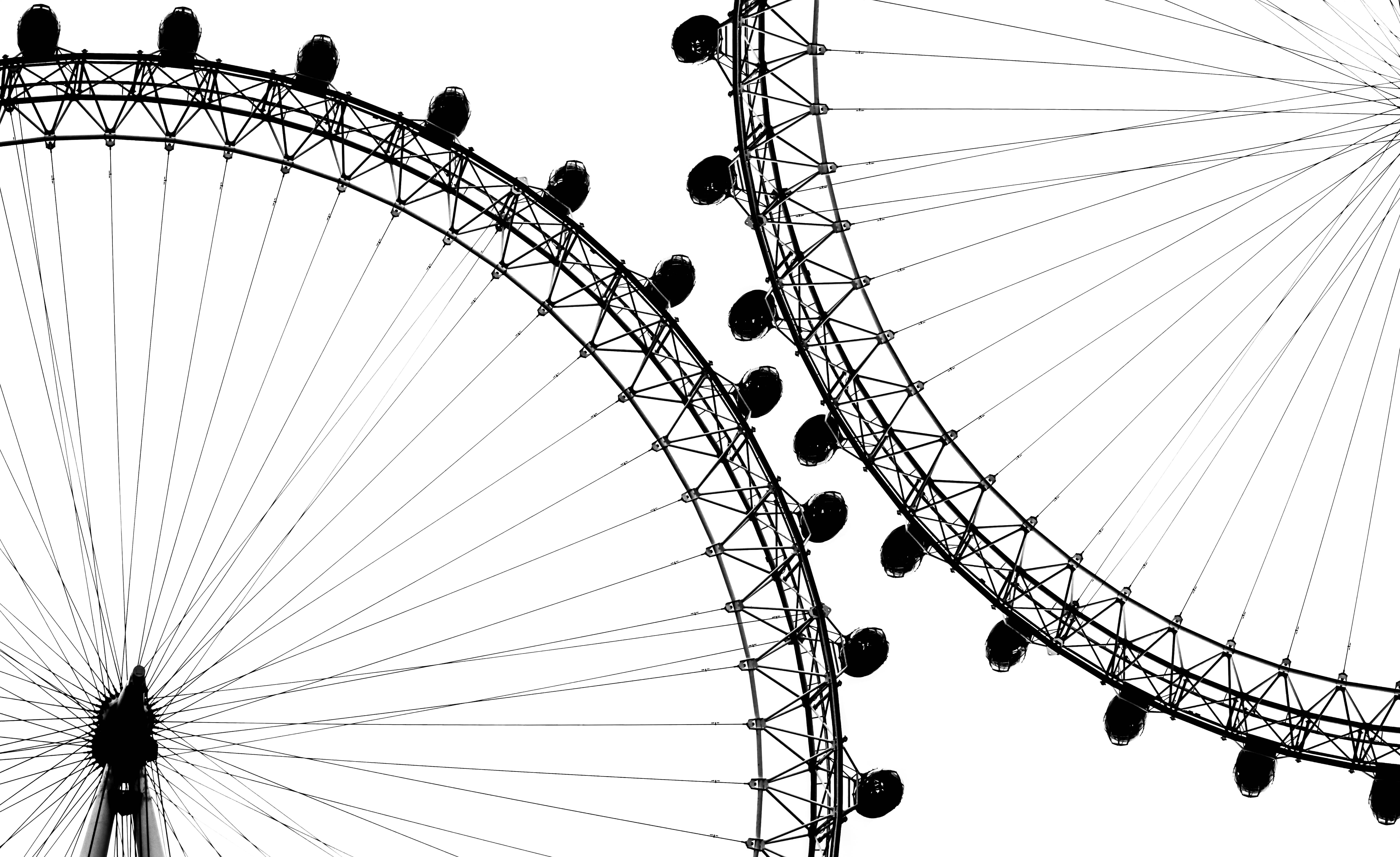 white minimalist ferris wheel, black silhouette, intersecting Ferris wheel arcs, 5K Desktop Wallpaper
