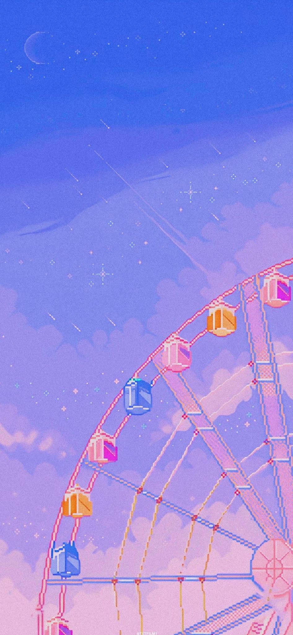 80s anime aesthetic, pink sky, crescent moon, Full HD Phone Wallpaper