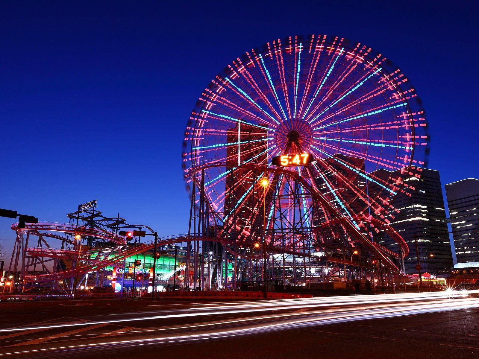 Ferris wheel, roller coaster, neon lights, HD Desktop Wallpaper