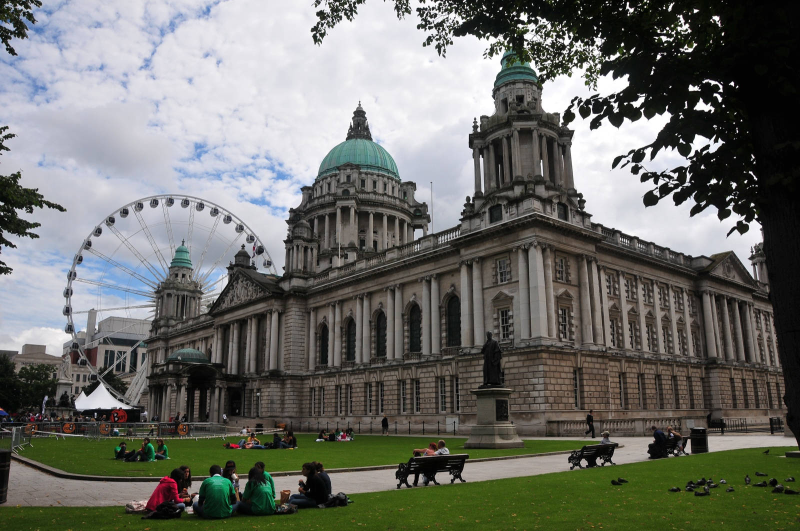 Grand neoclassical building, green domes, Ferris wheel, HD Desktop Wallpaper