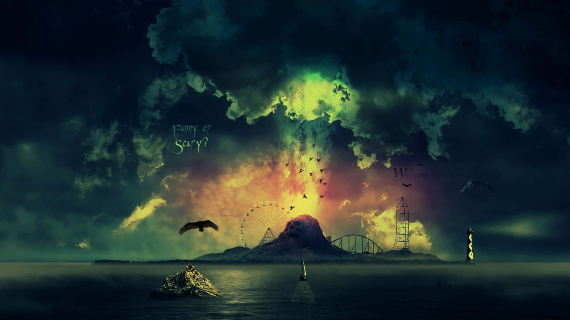 Ferris wheel, glowing mountain, lighthouse, Full HD Desktop Wallpaper