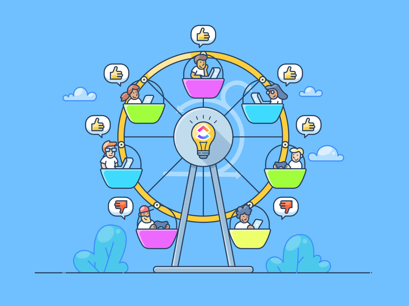 Social Media Ferris Wheel Concept, colorful cartoon ferris wheel, people in gondolas, HD Desktop Wallpaper