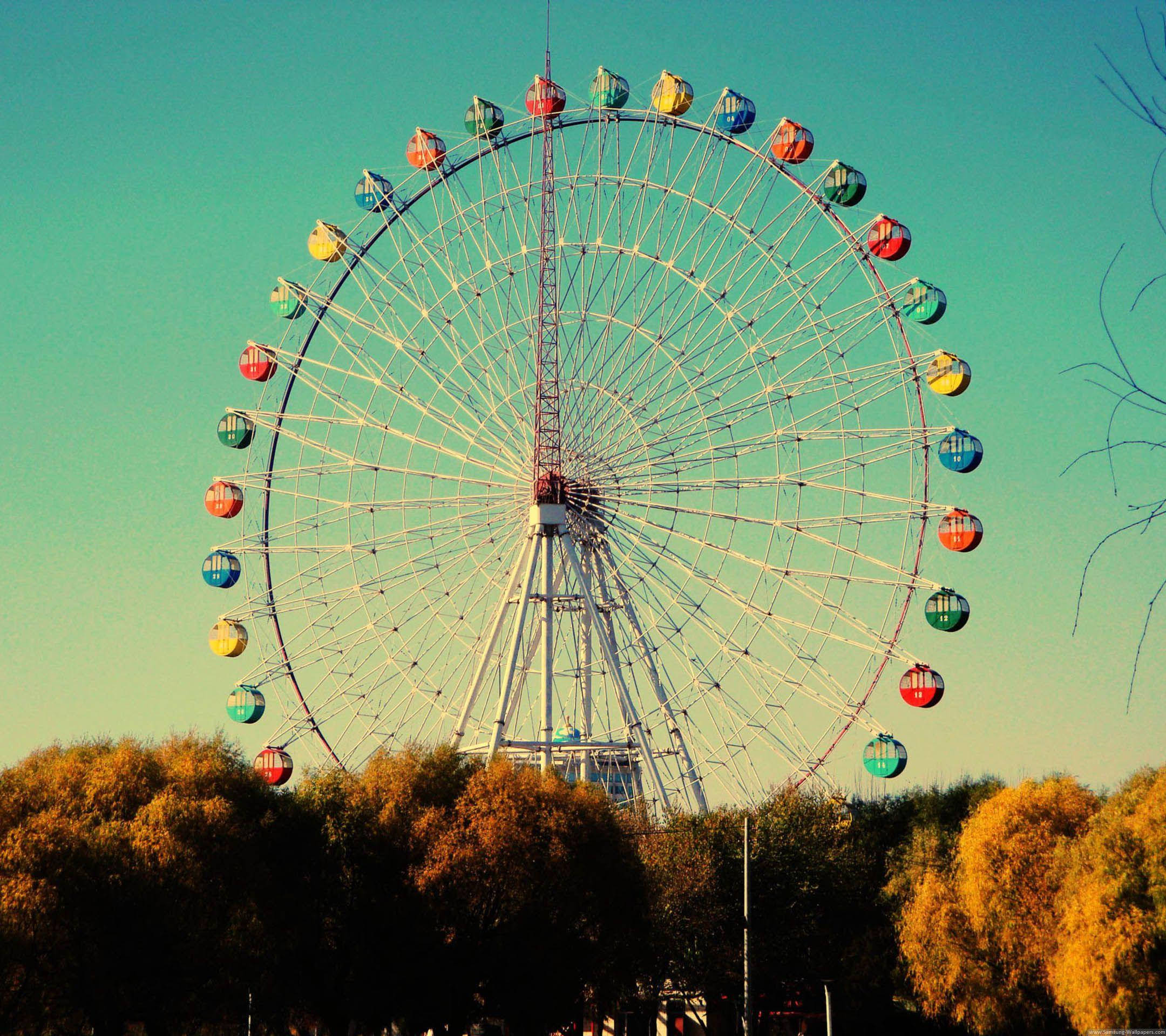 Ferris wheel, teal sky, golden autumn trees, Full HD Desktop Wallpaper