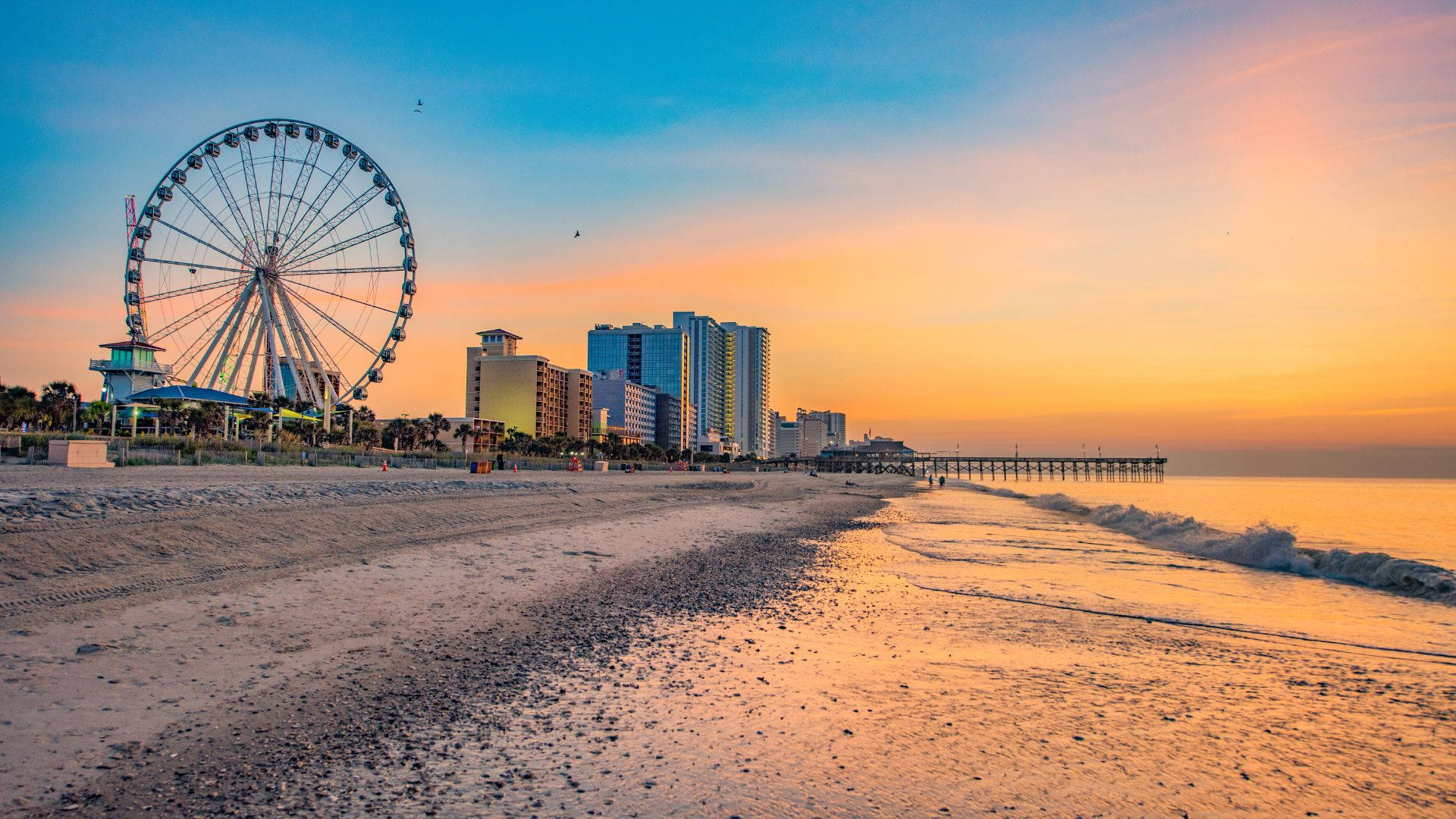 Ferris wheel, beach, sunset, Full HD Desktop Wallpaper