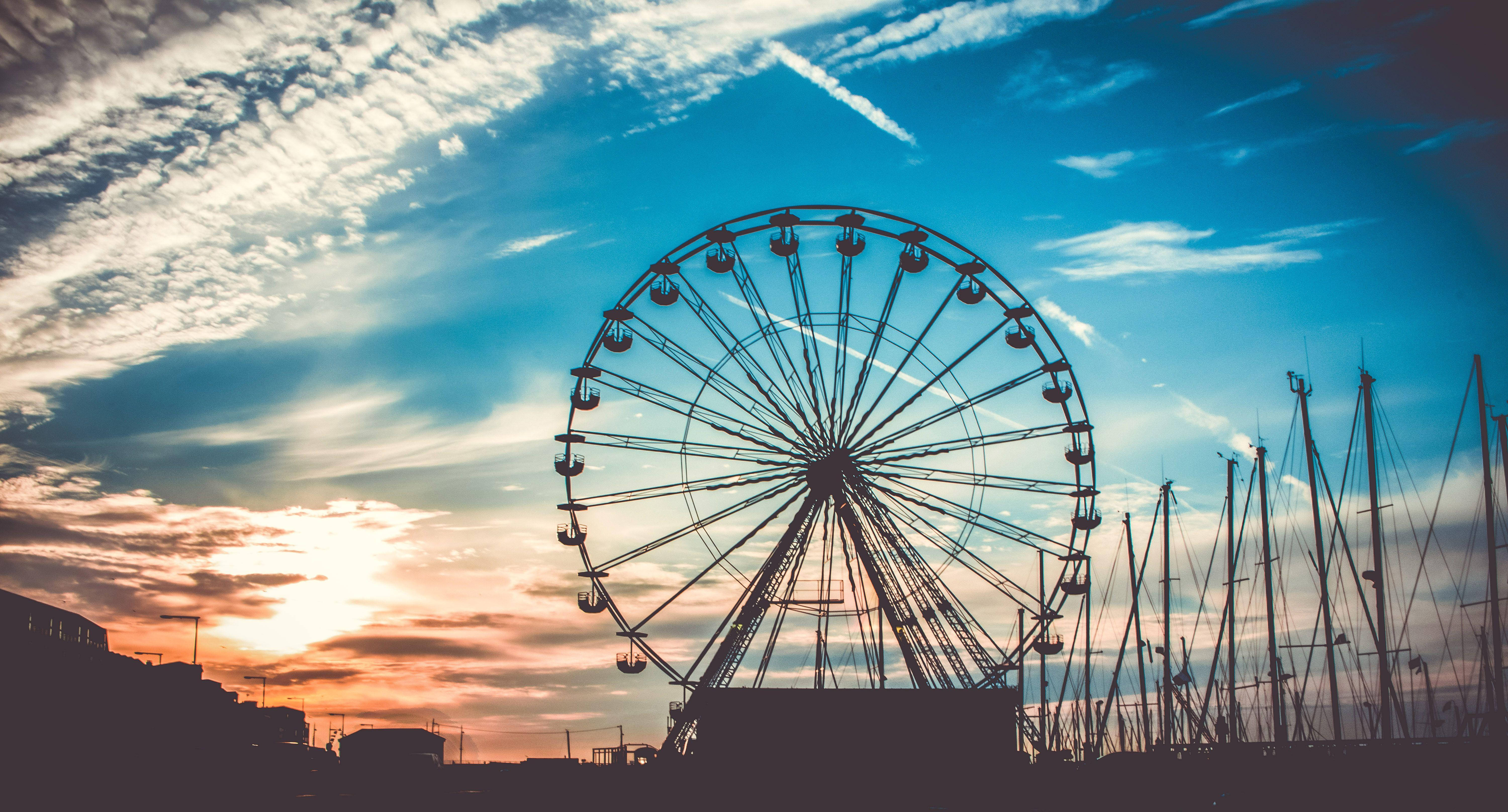 Ferris wheel, sunset sky, clouds, 5K Desktop Wallpaper