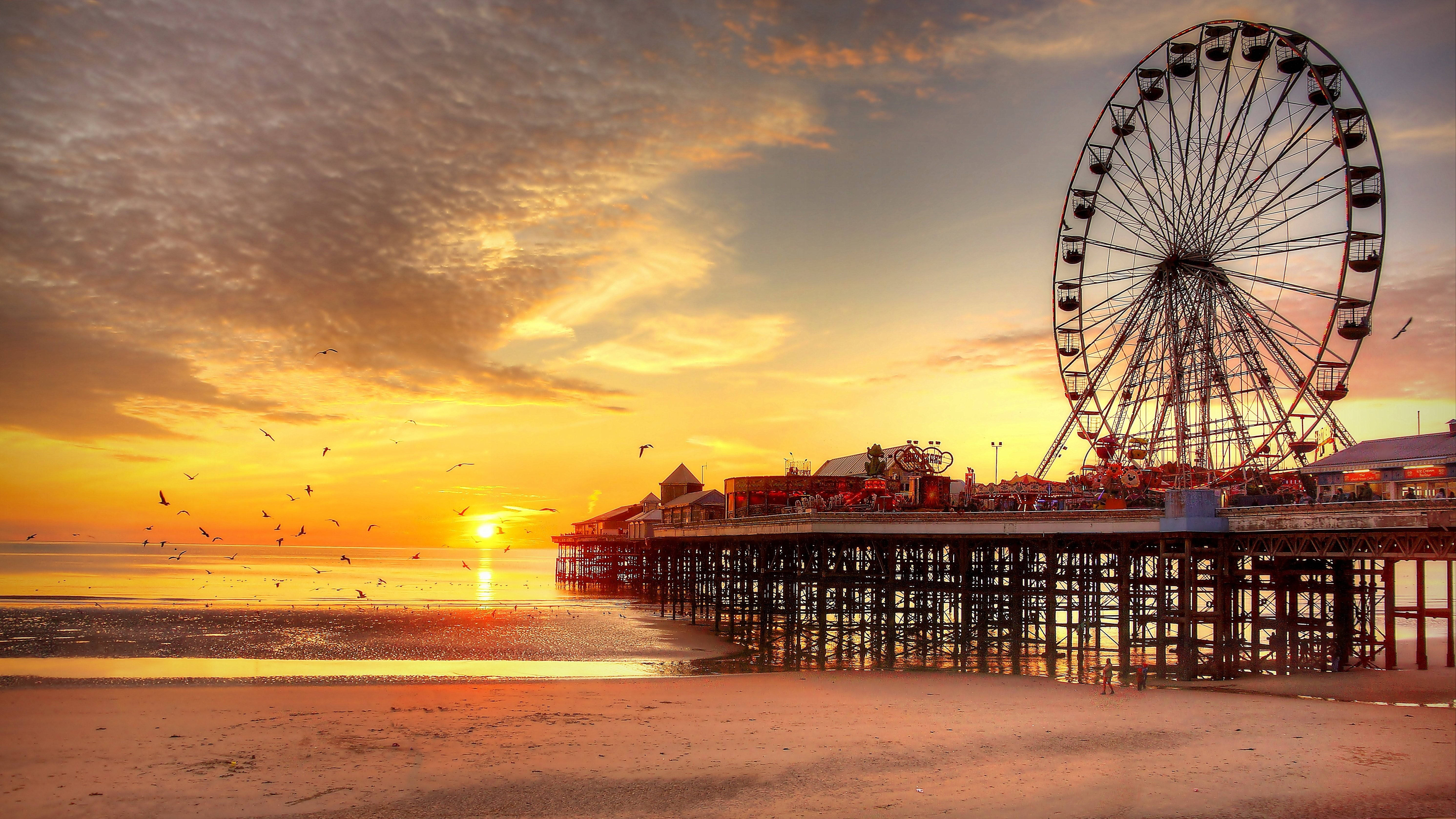 Ferris wheel, beach, sunset, 5K Desktop Wallpaper