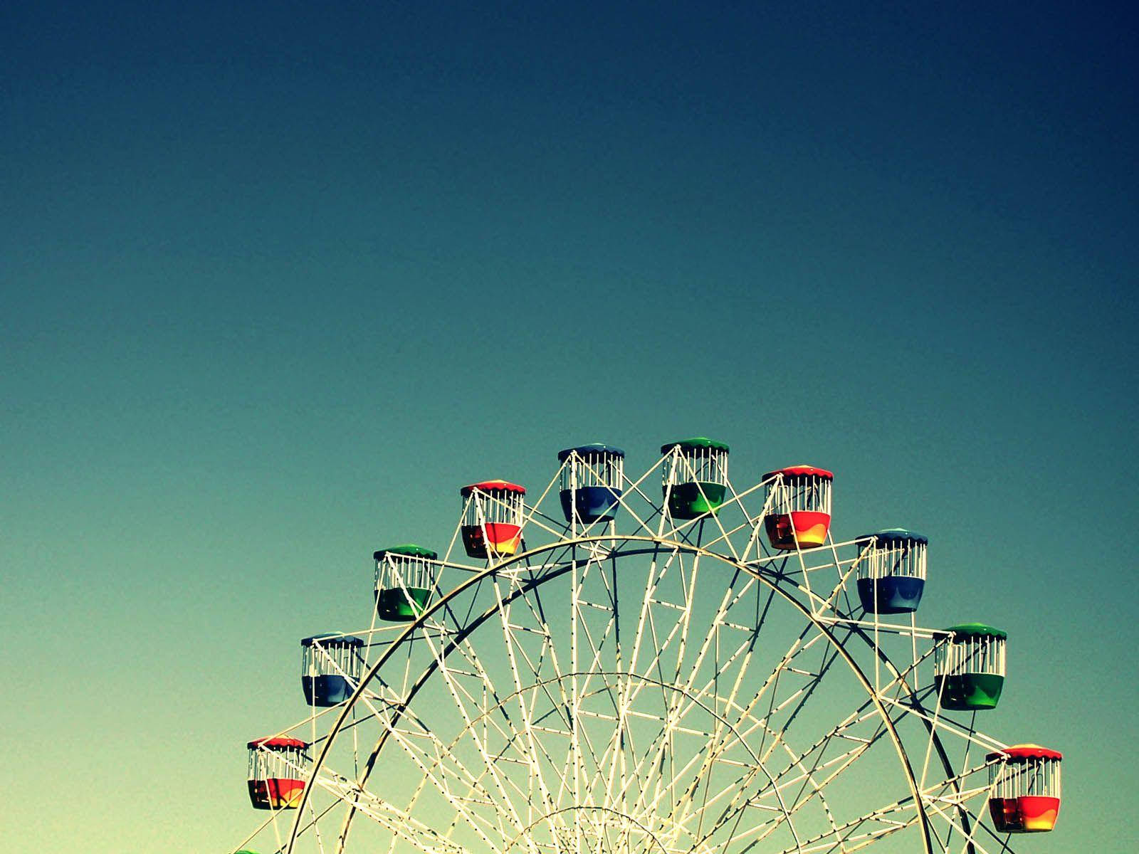 Ferris wheel, rainbow cabins, teal sky, HD Desktop Wallpaper