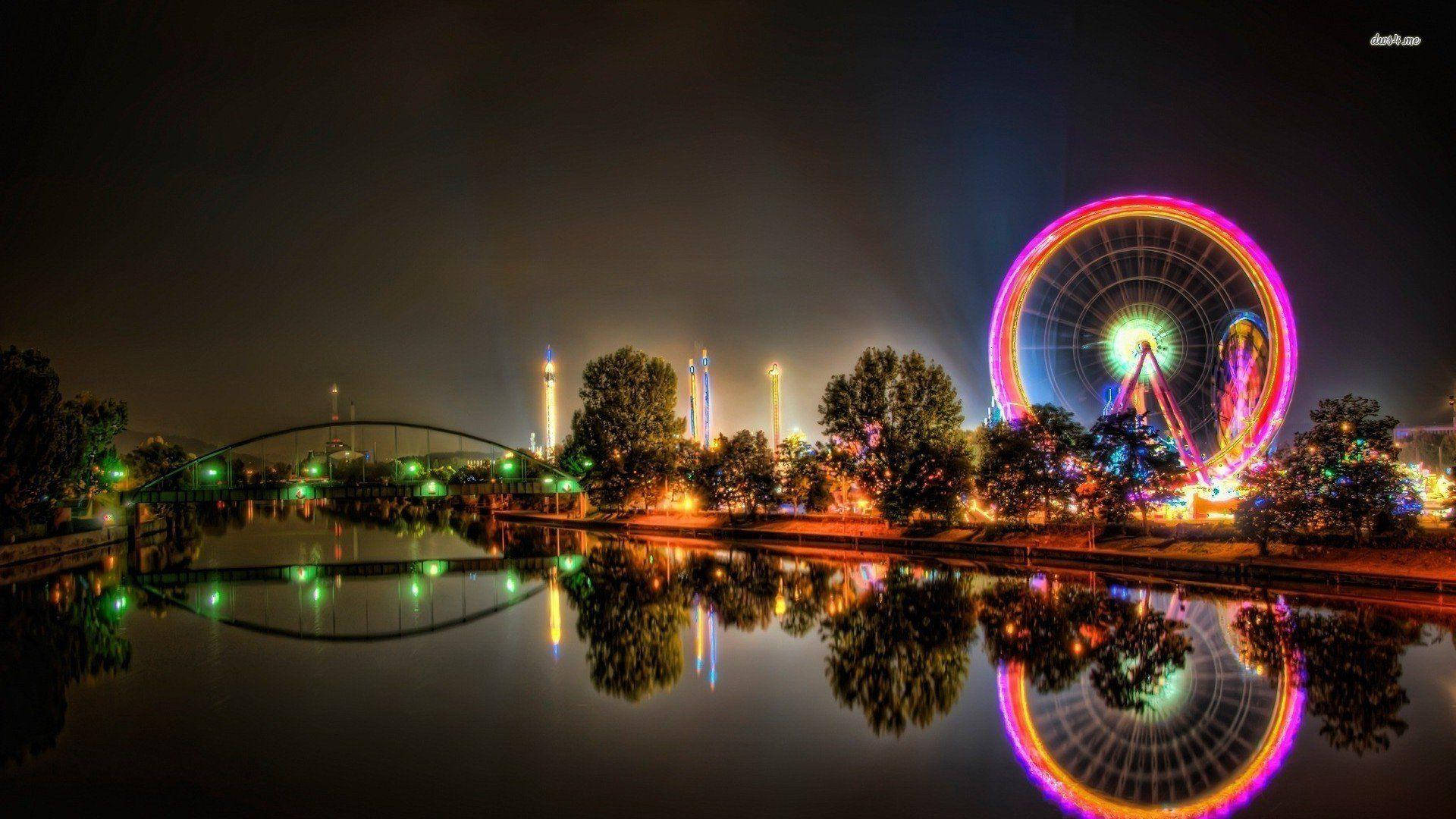 Ferris wheel, amusement park, glowing, Full HD Desktop Wallpaper