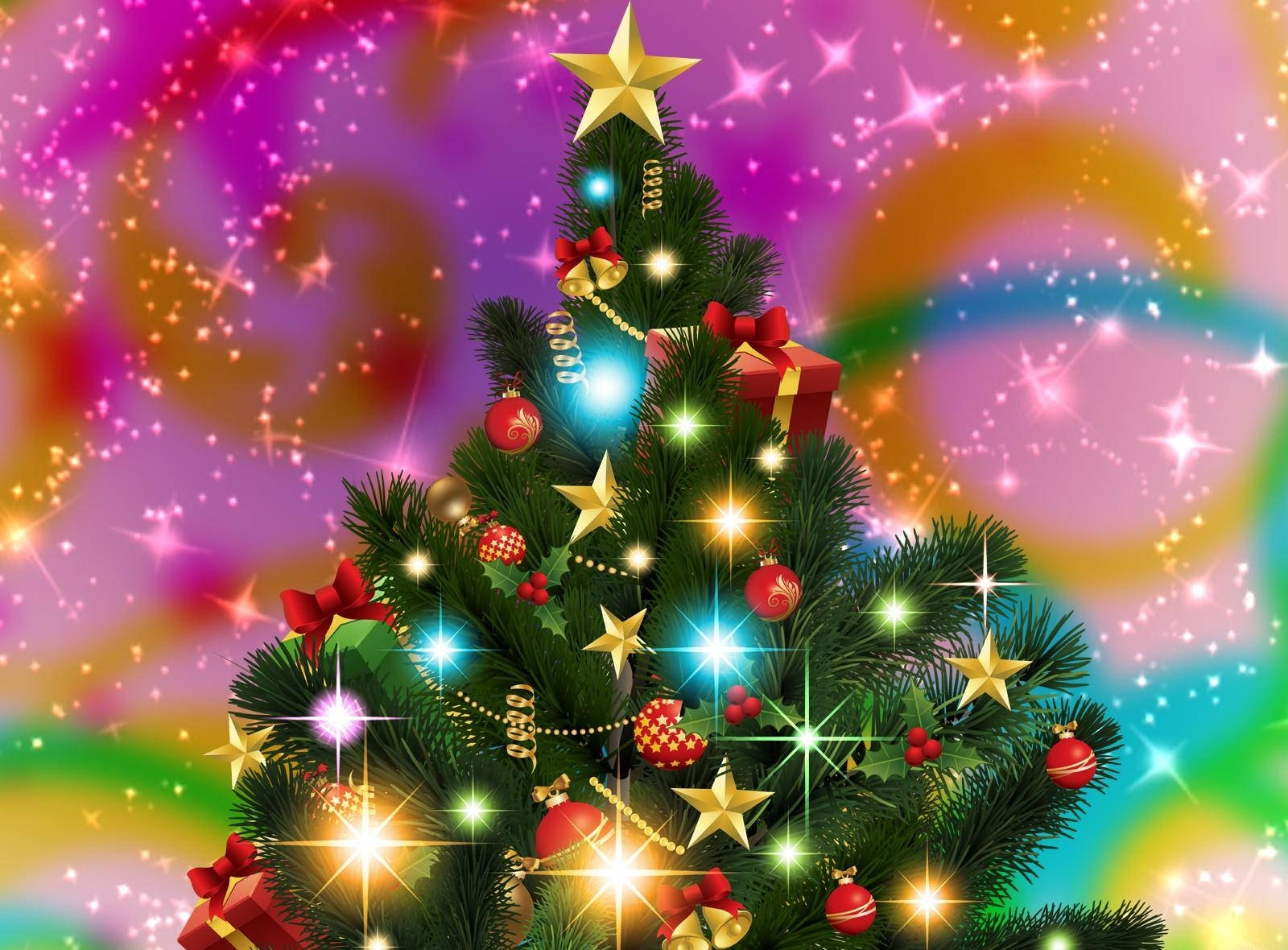 Colorful Christmas tree, glowing lights, red ornaments, HD Desktop Wallpaper