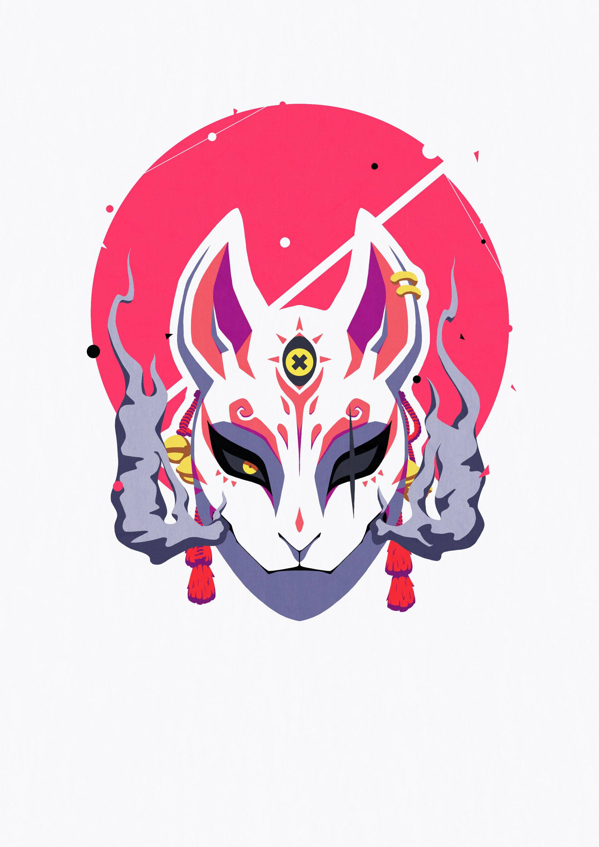 kitsune, white fox mask, red and purple accents, 2K Phone Wallpaper
