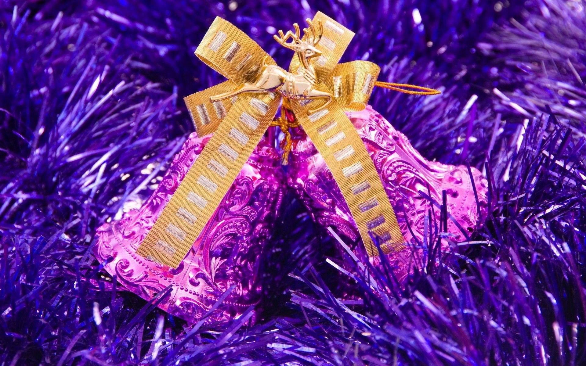 purple festive bells, gold ribbon, pink bells, Full HD Desktop Wallpaper