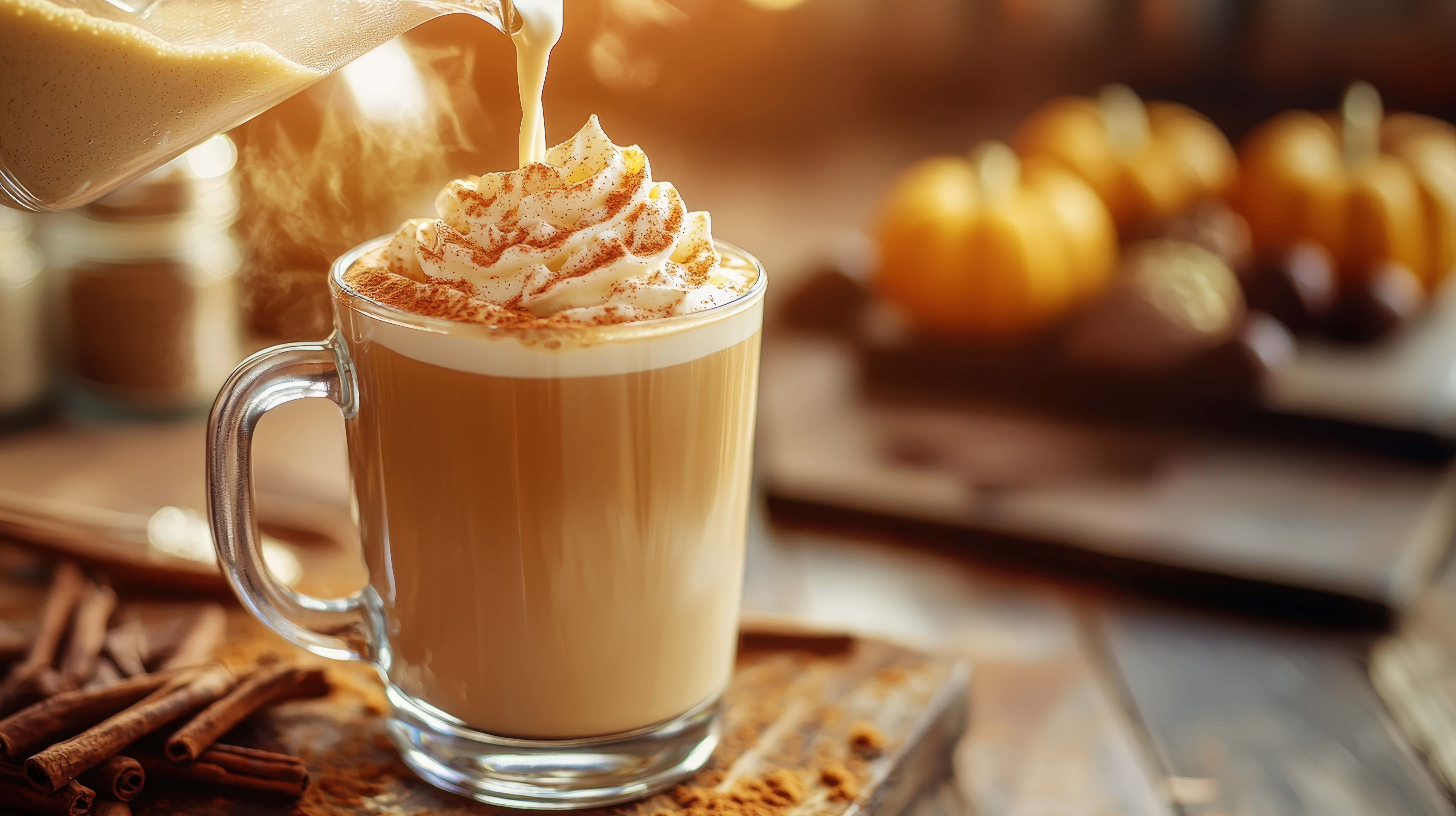 pumpkin spice latte, whipped cream, cinnamon, 8K Desktop Wallpaper