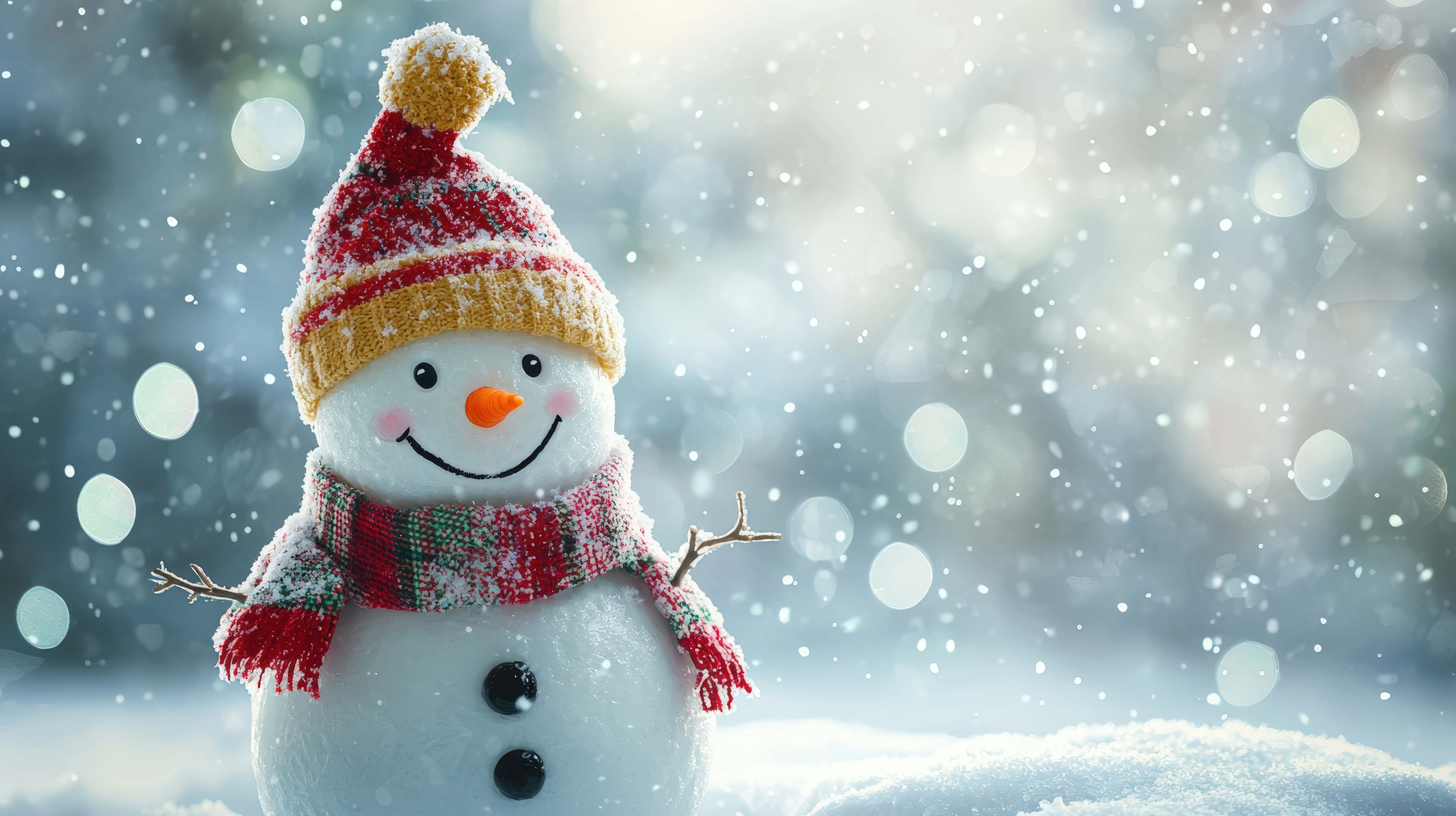 cheerful snowman, red and yellow striped hat, plaid scarf, 8K Desktop Wallpaper