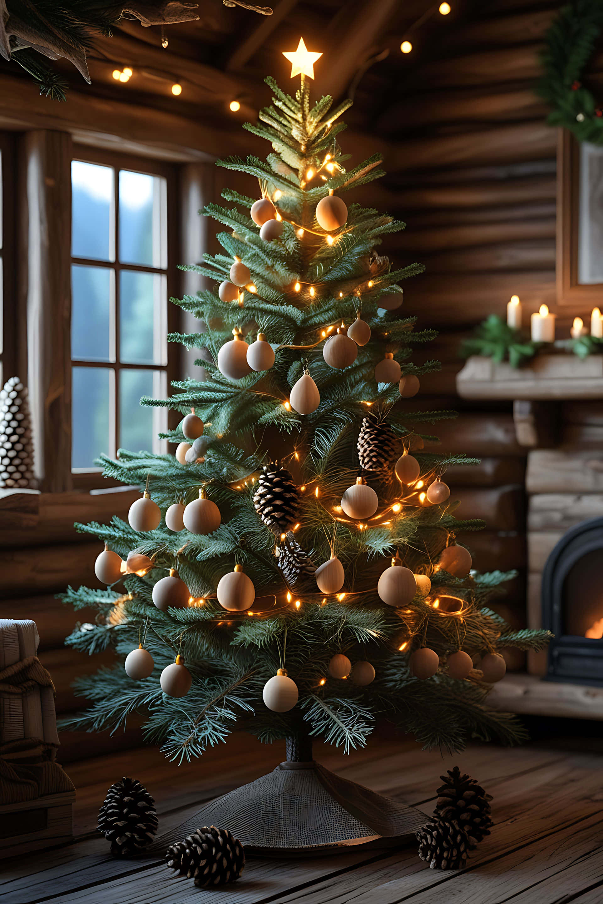 cozy christmas tree, rustic wooden cabin, warm string lights, 2K Phone Wallpaper