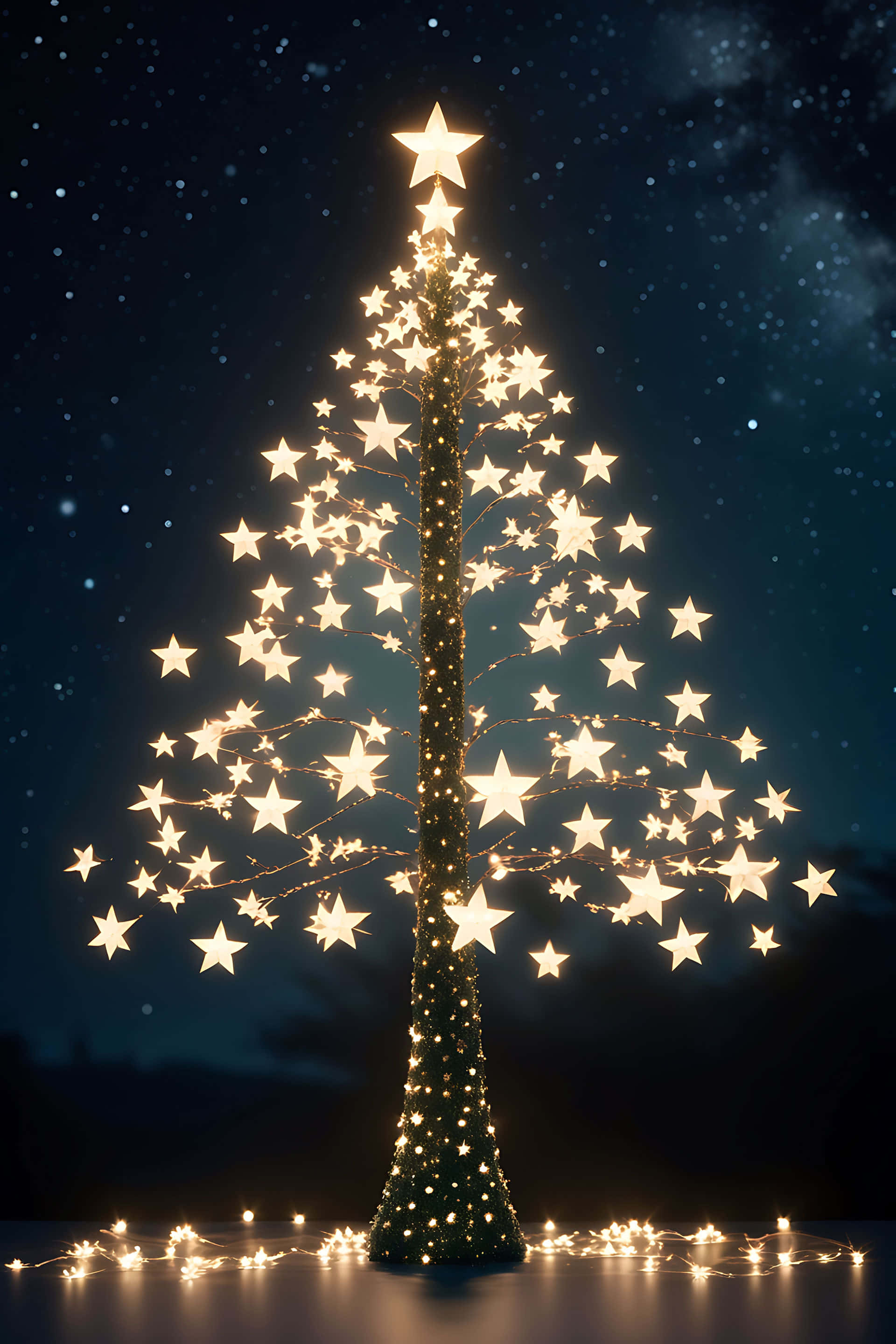 illuminated star christmas tree, glowing golden star lights, starry night sky, 2K Phone Wallpaper