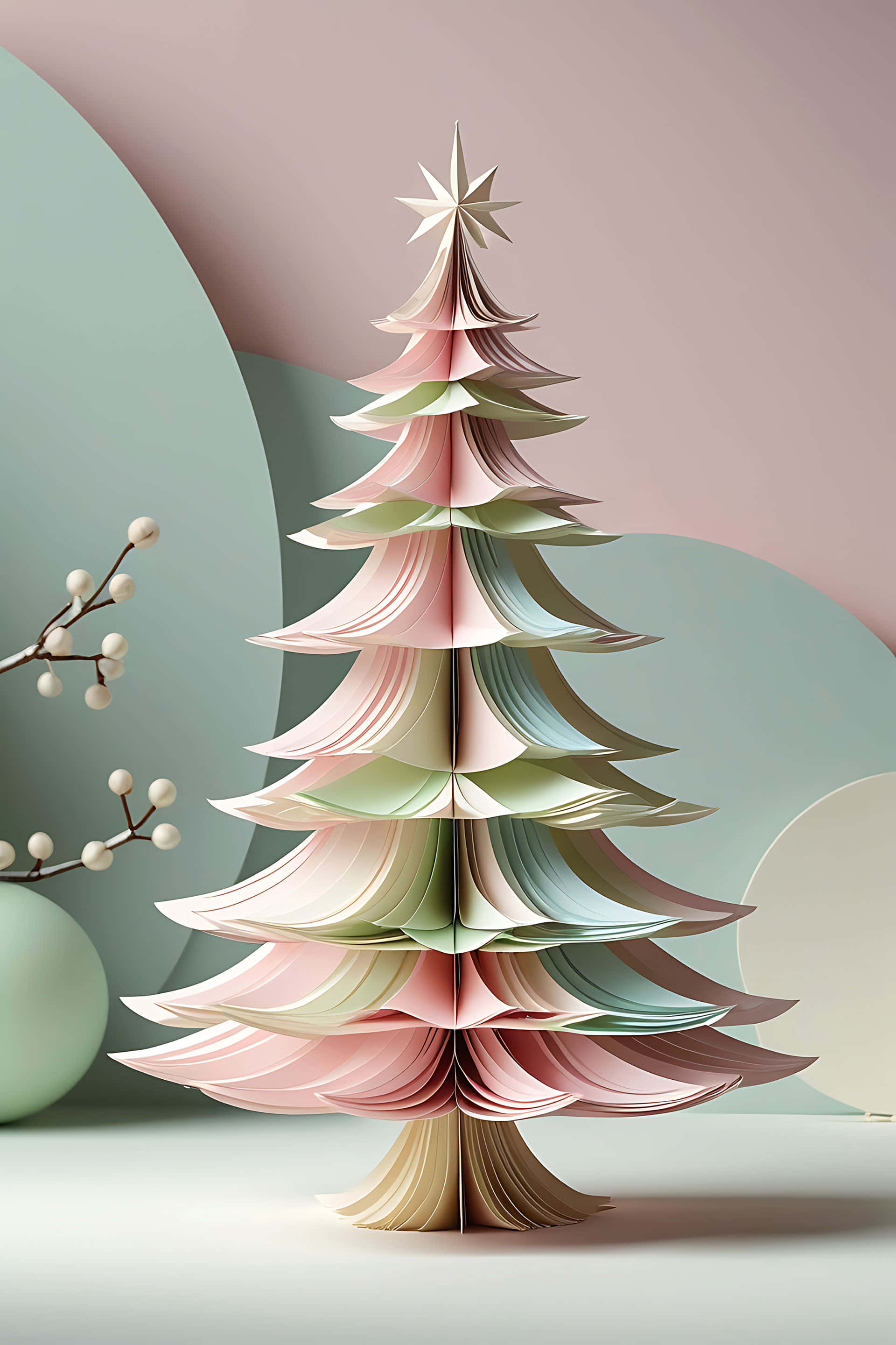 pastel paper Christmas tree, layered tiers, star topper, 2K Phone Wallpaper