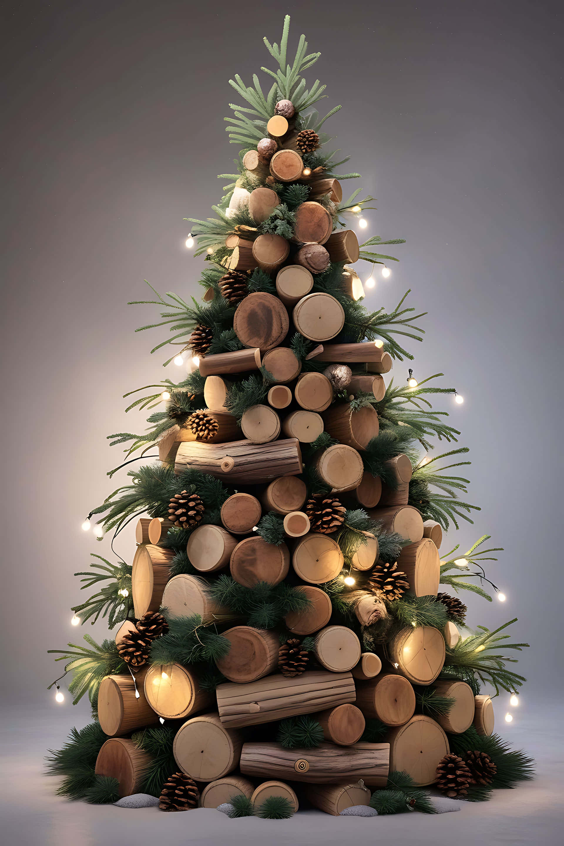 rustic Christmas tree, wood slices, pinecones, 2K Phone Wallpaper