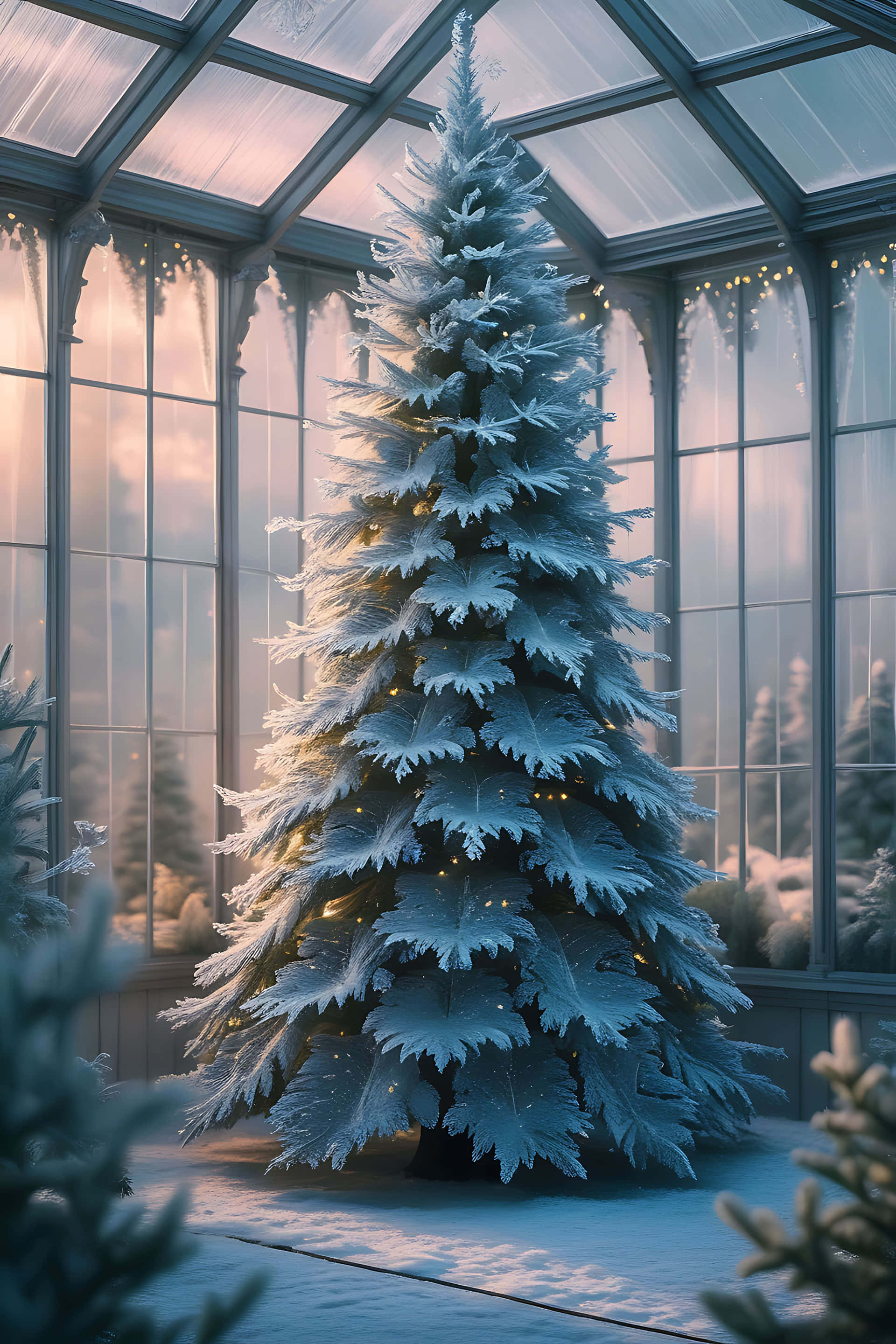 snowy christmas tree, conservatory, evergreen tree, 2K Phone Wallpaper