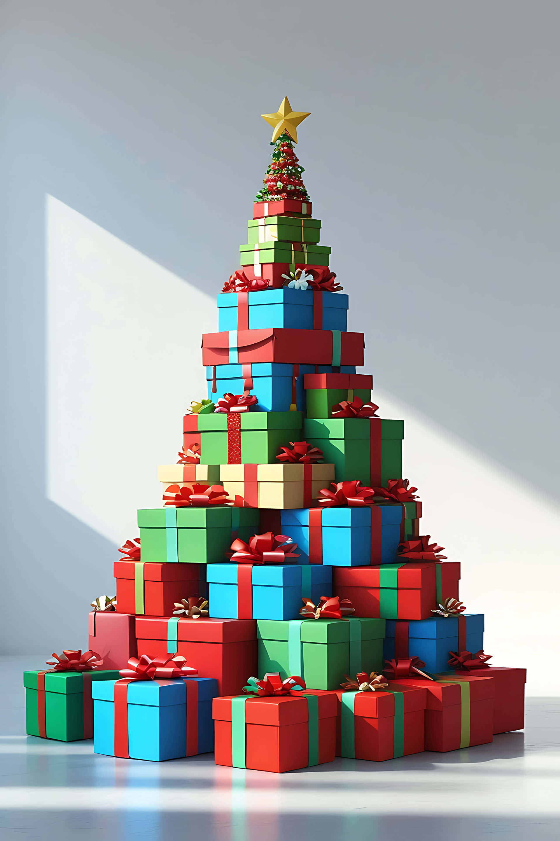 Christmas tree, stacked colorful gift boxes, golden star, 2K Phone Wallpaper