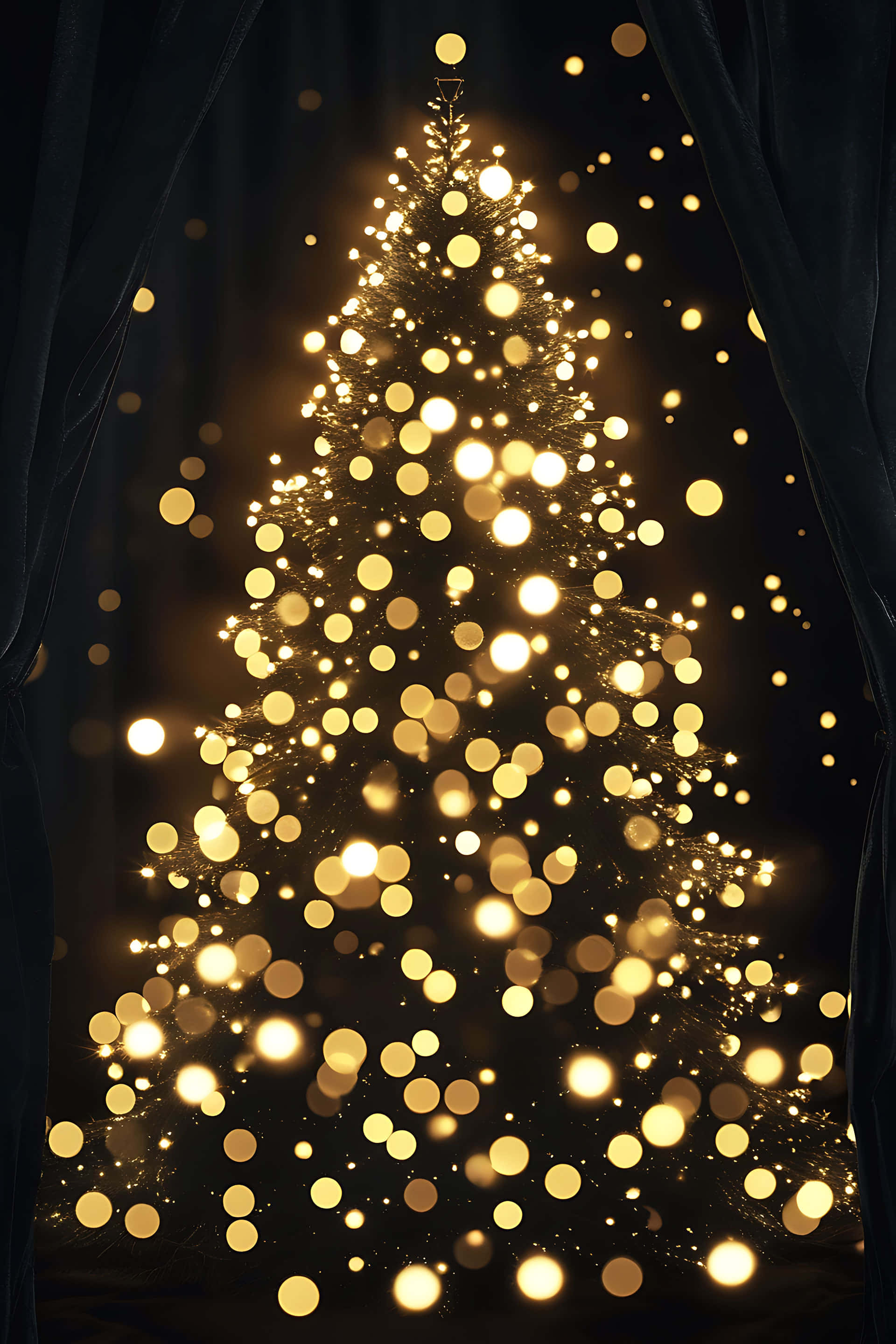 glowing golden bokeh Christmas tree, dark velvet curtains, black background, 2K Phone Wallpaper