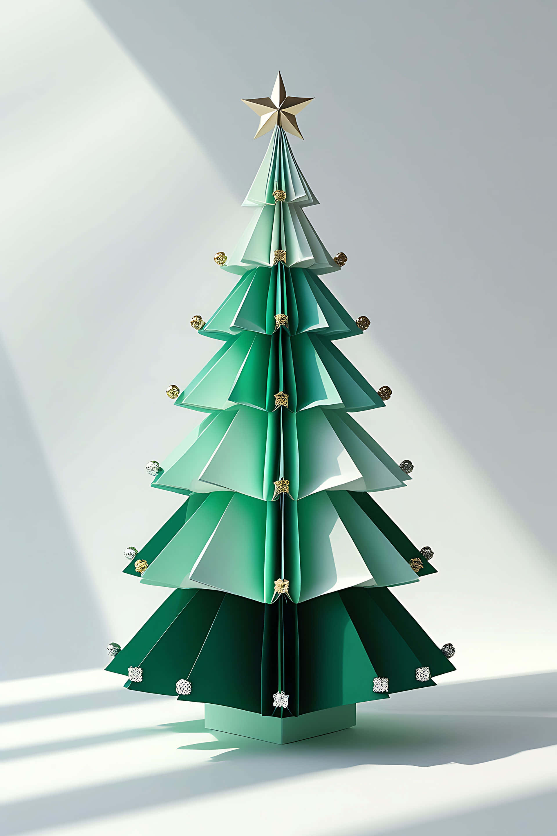 modern paper christmas tree, origami Christmas tree, gradient green layers, 2K Phone Wallpaper
