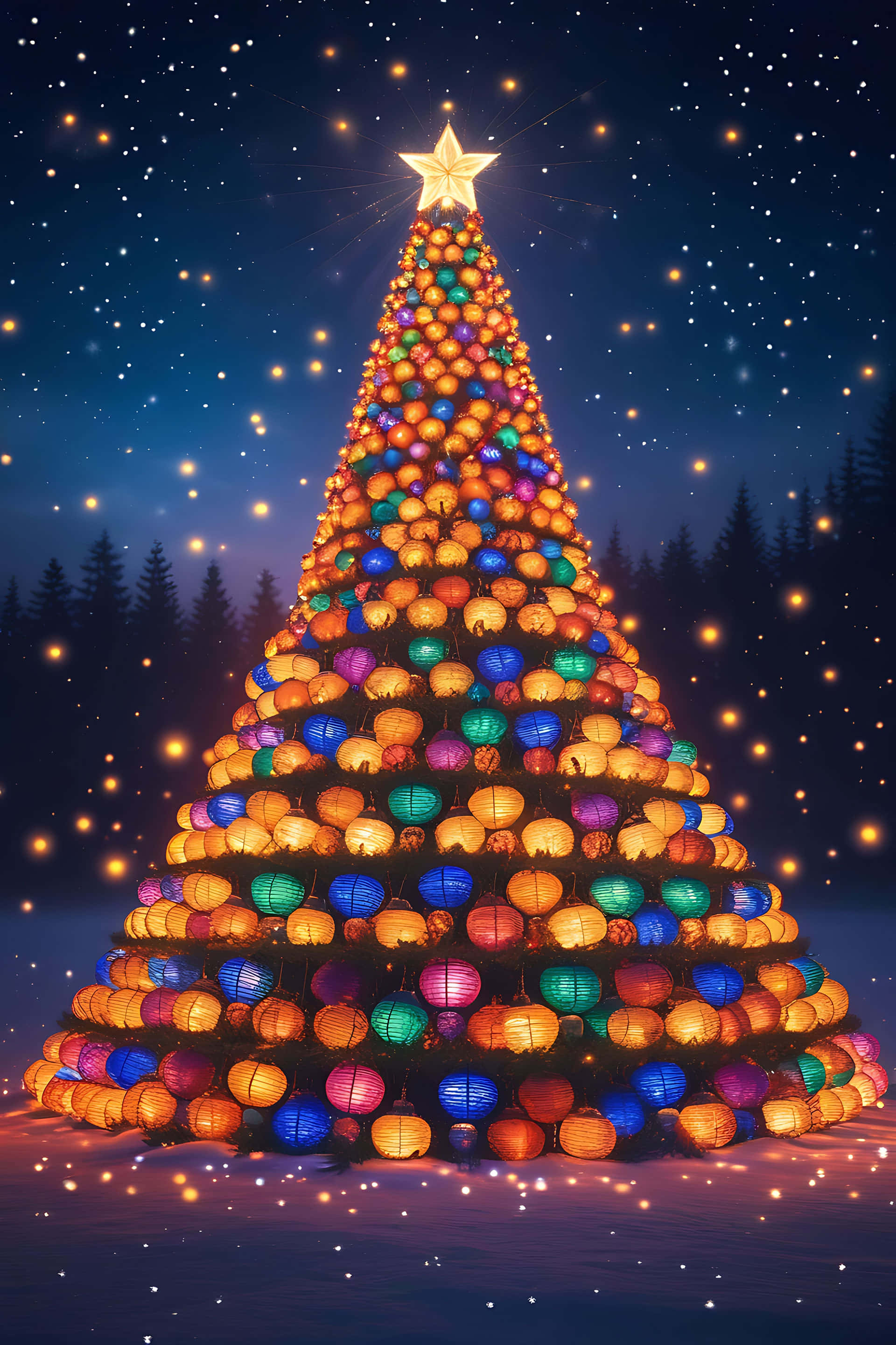 Colorful christmas tree, glowing multicolored paper lanterns, starry night sky, 2K Phone Wallpaper