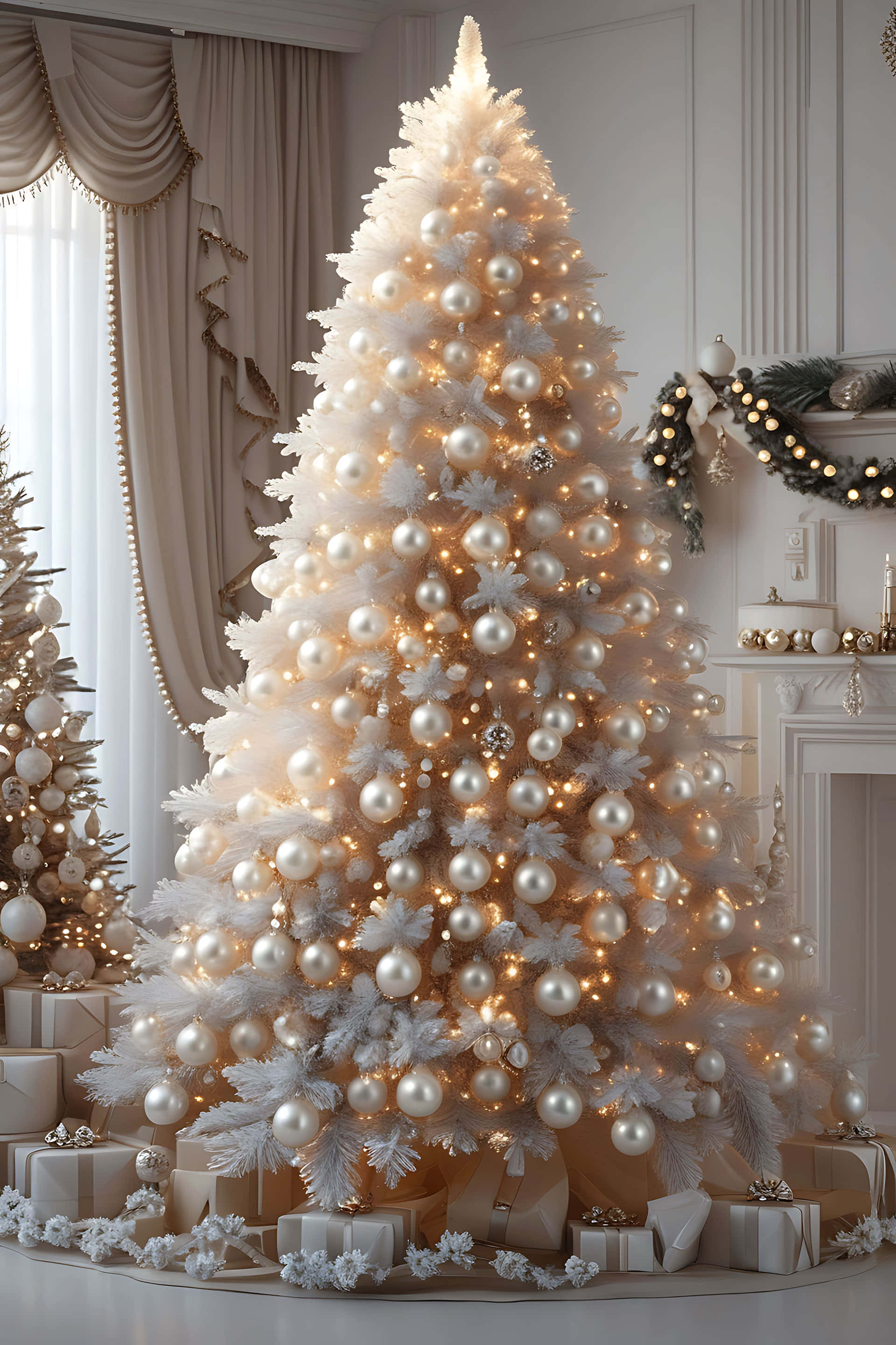 elegant white christmas tree, glowing lights, pearl ornaments, 2K Phone Wallpaper