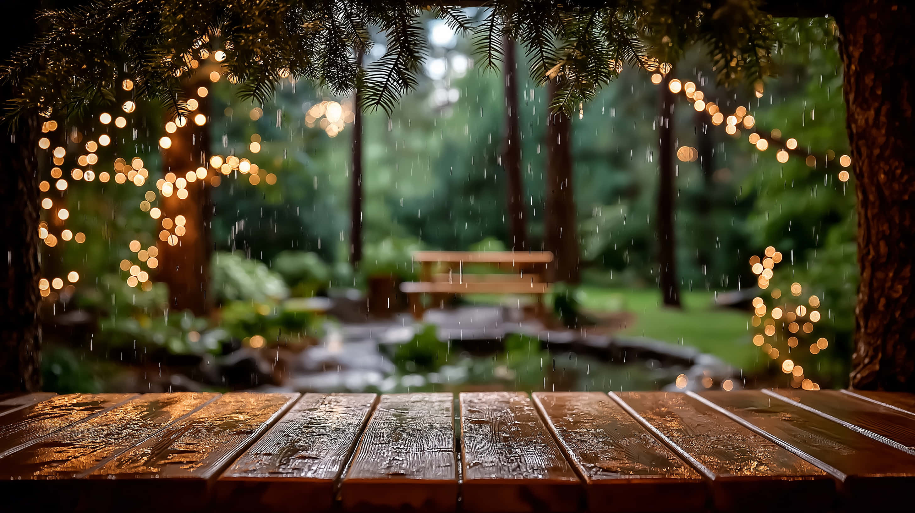 festoon lights, wood, rainy evening, 2K Desktop Wallpaper