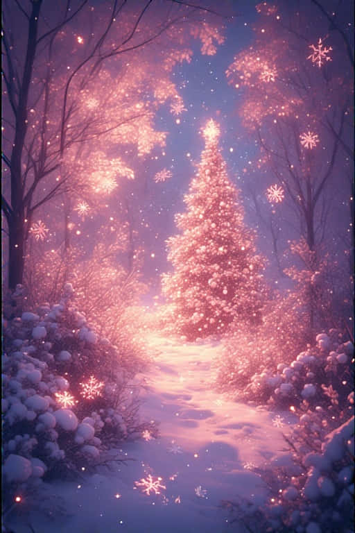 pink Christmas tree, snowy path, magical winter forest, SD Phone Wallpaper