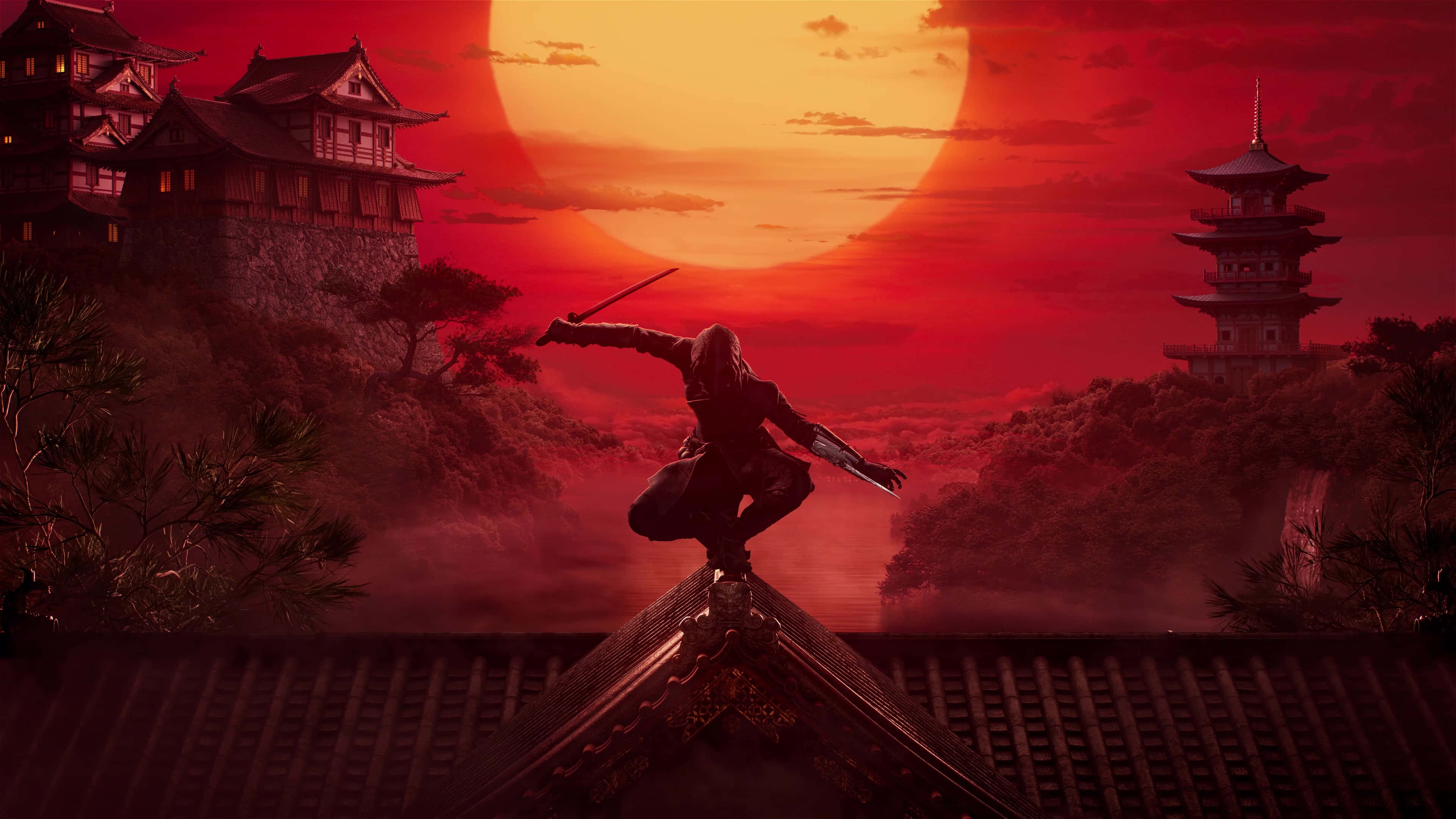 Feudal Japan, ninja, firey red sunset, 4K Desktop Wallpaper