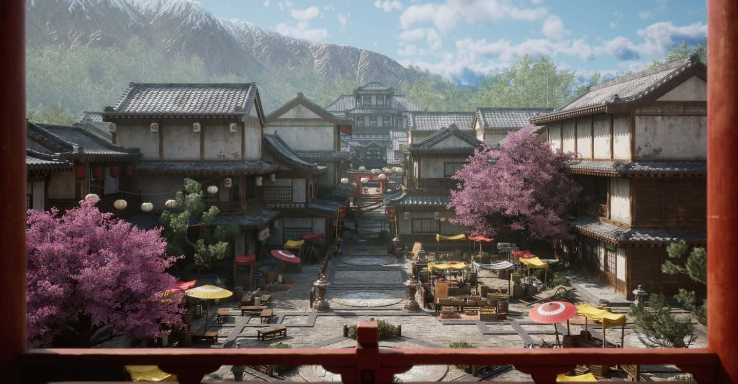 Feudal Japan, traditional Japanese village street, wooden balcony, HD Desktop Wallpaper