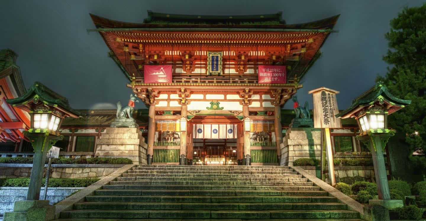 Feudal Japan, traditional Japanese shrine, glowing lanterns, HD Desktop Wallpaper