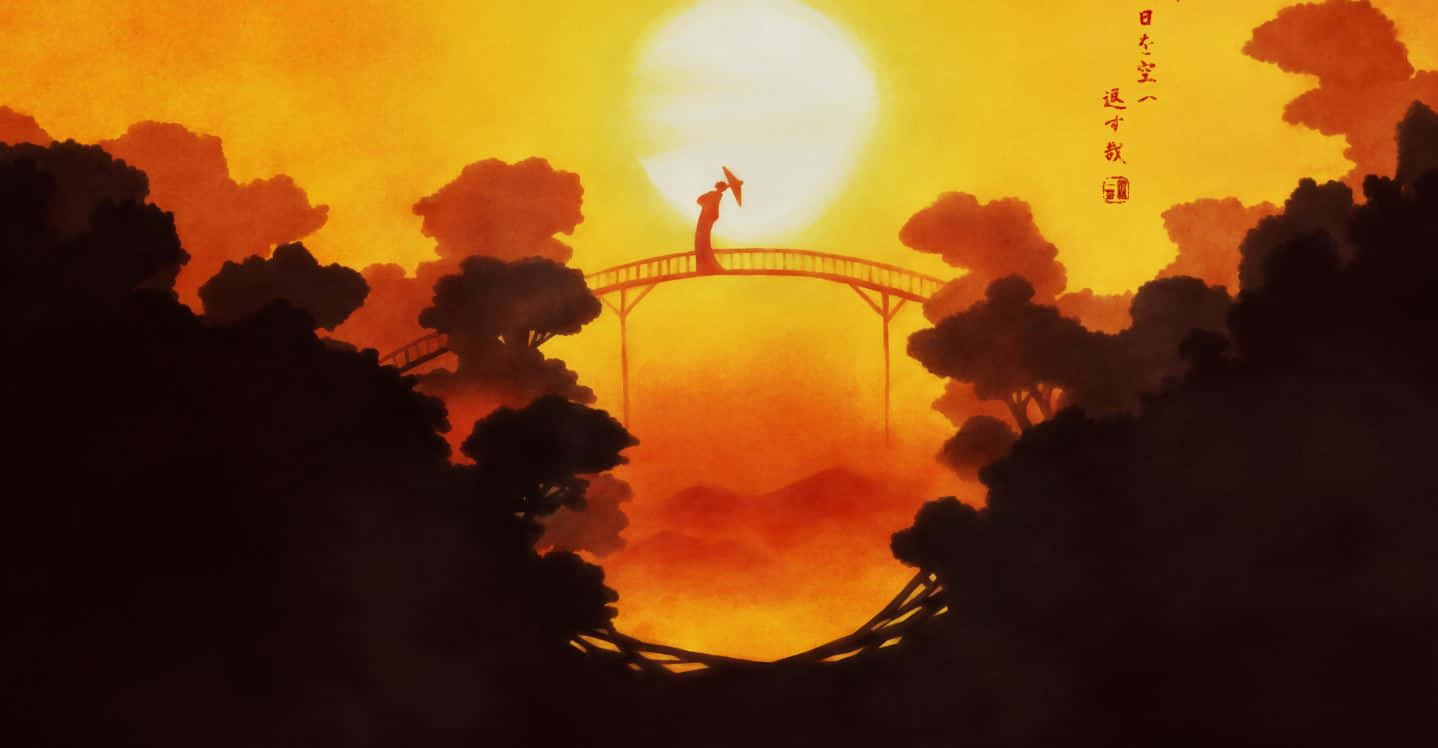 Feudal Japan, bridge, glowing orange sunset, HD Desktop Wallpaper