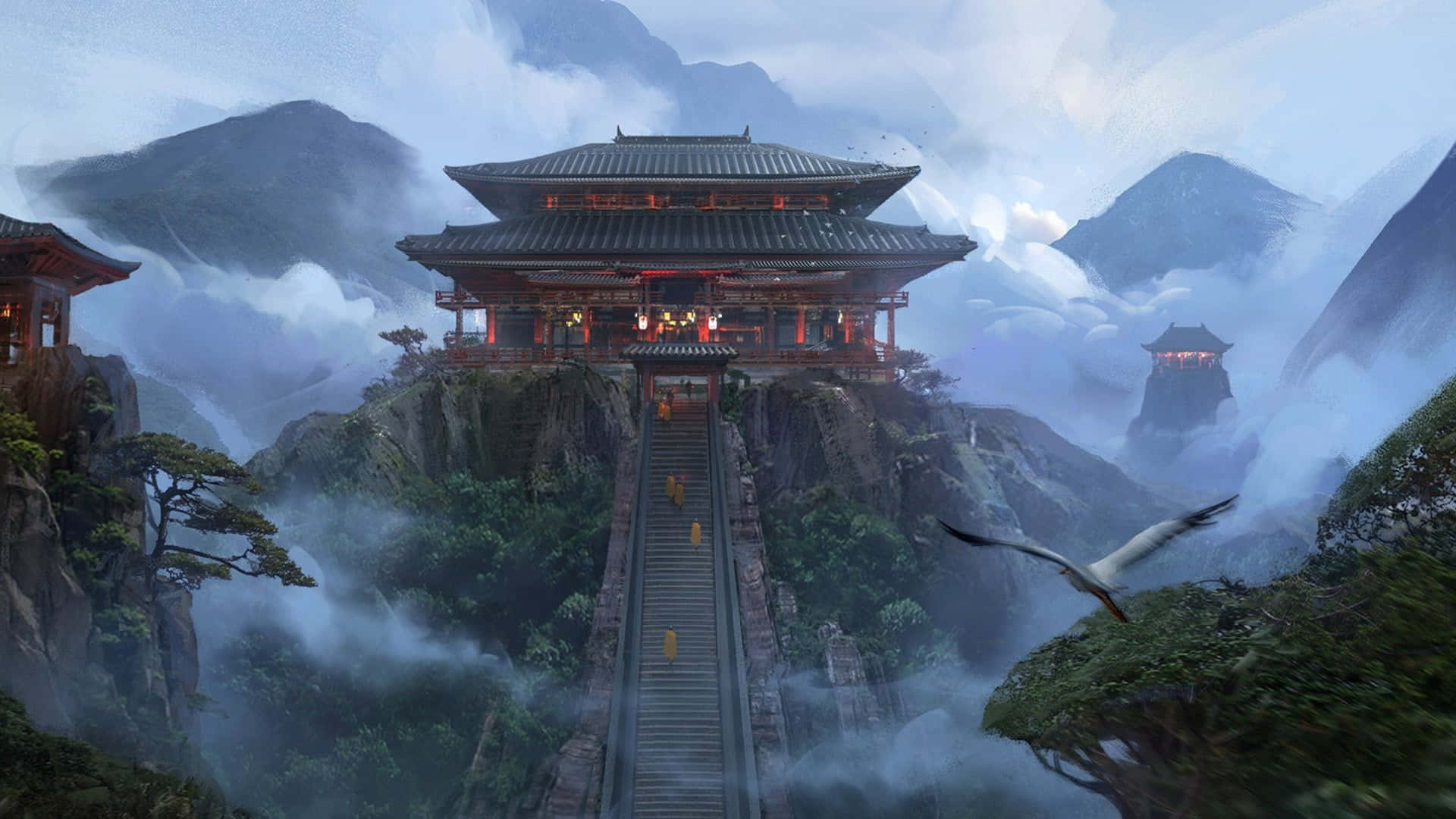 Feudal Japan, traditional temple, misty mountain peak, Full HD Desktop Wallpaper